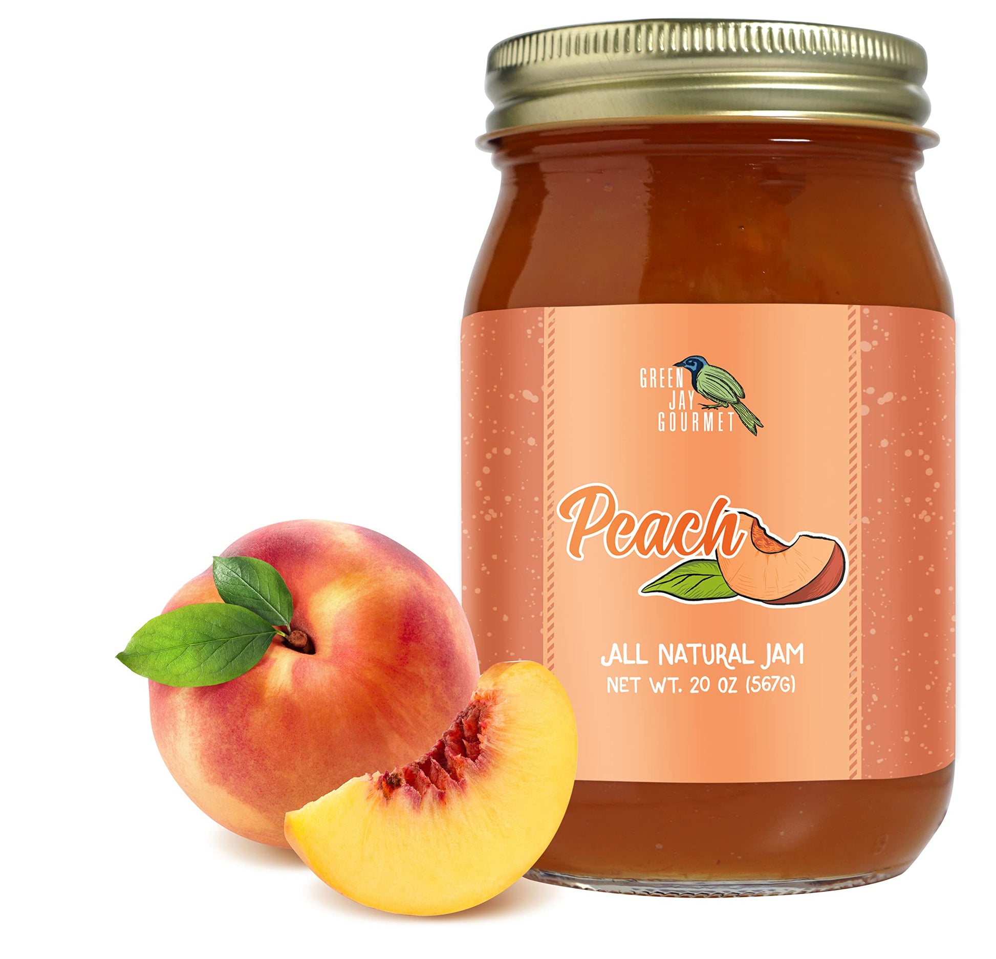 Green Jay Gourmet Peach Jam - All-Natural Fruit Jam with Peaches & Lemon Juice - Vegan, Gluten-free Jam - Contains No Preservati