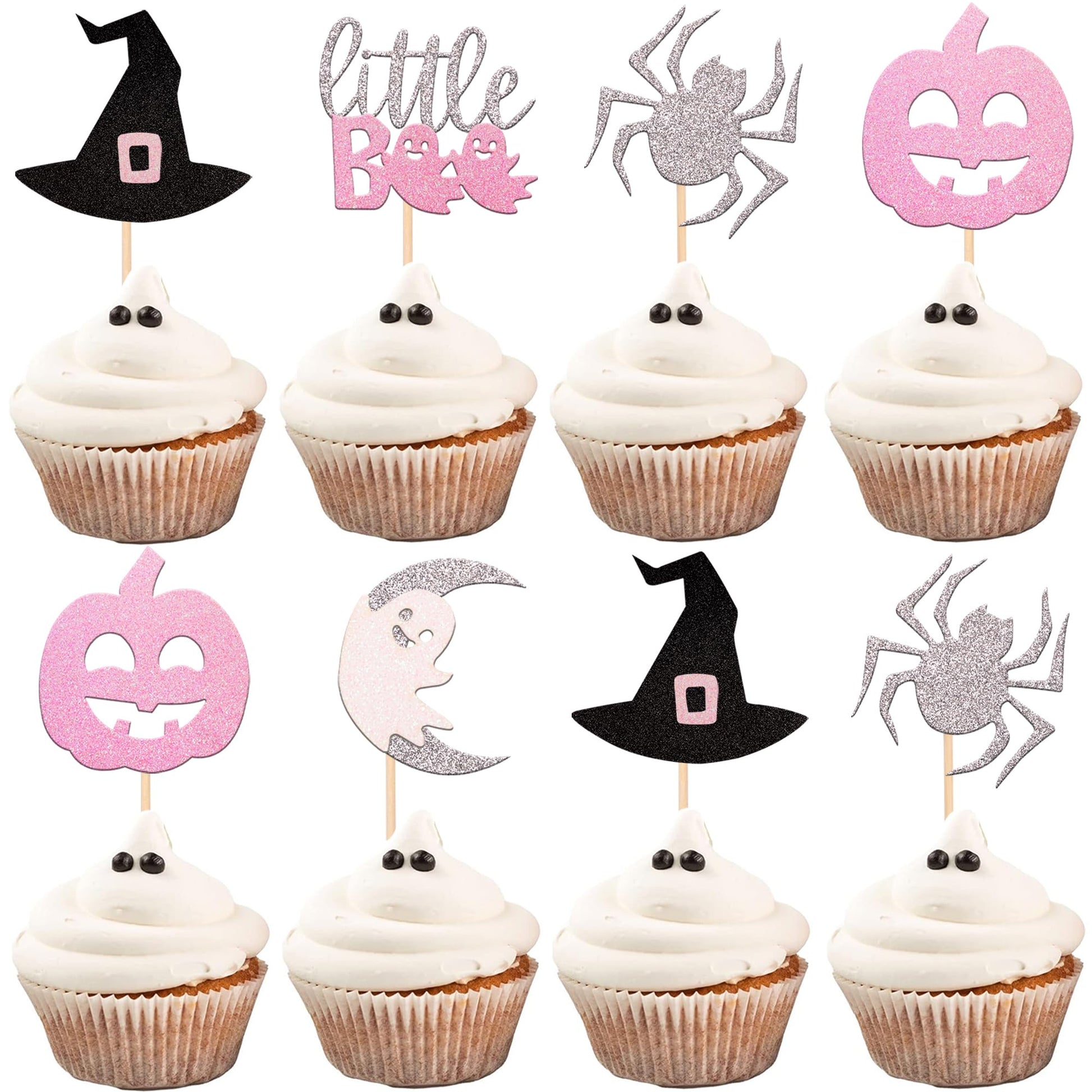 30 Pcs Halloween Cupcake Toppers Glitter Witch Hat Pumpkin Boo Ghost Spider Cupcake Picks Happy Halloween Theme Baby Shower Birt