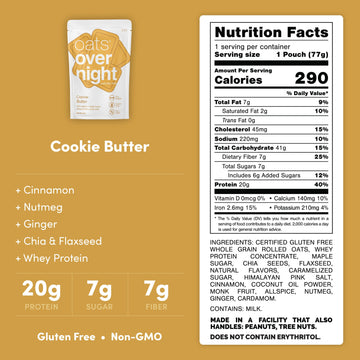 Oats Overnight Cookie Butter Oats - 20g Whey Protein, High Fiber, Gluten Free, 2.7 oz (Pack of 8 + Bottle)