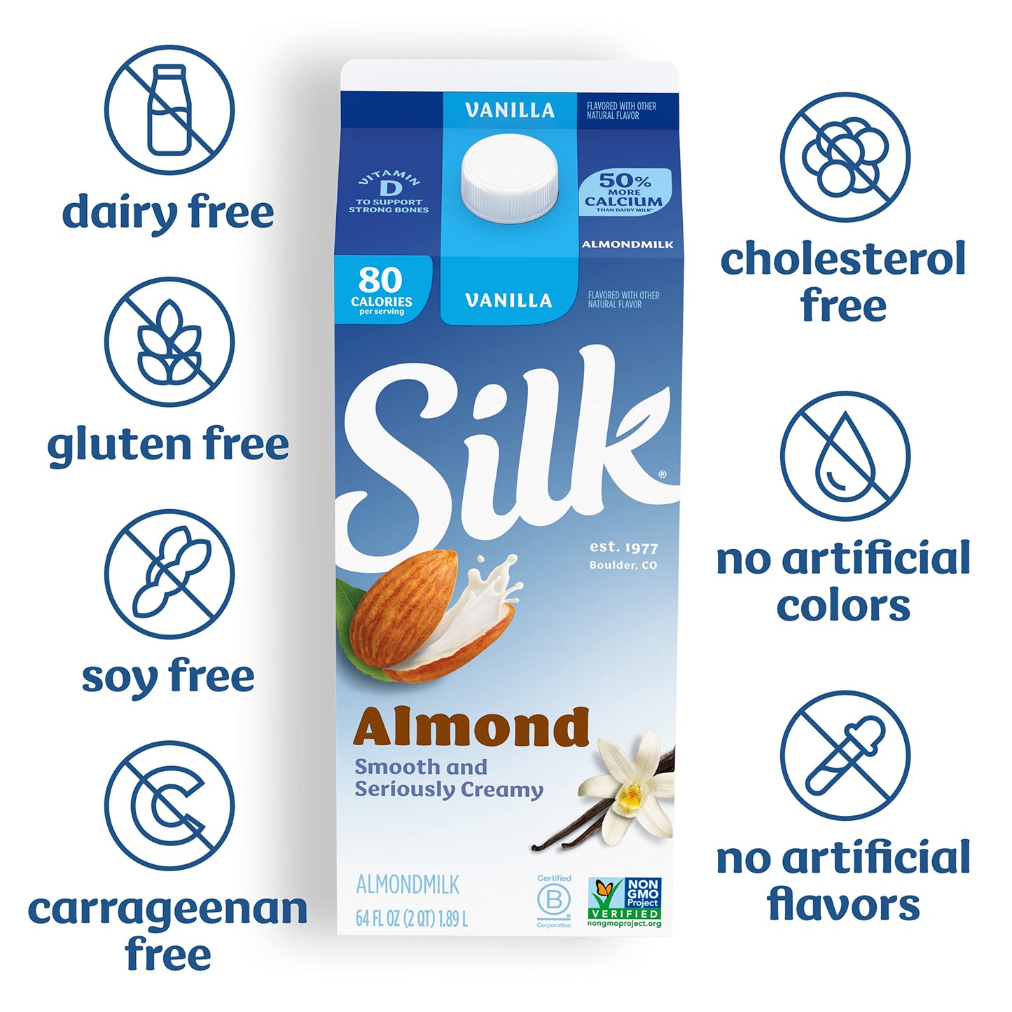 Silk Almond Milk, Vanilla, Dairy Free, Gluten Free, Seriously Creamy Vegan Milk with 50% More Calcium than Dairy Milk, 64 FL OZ