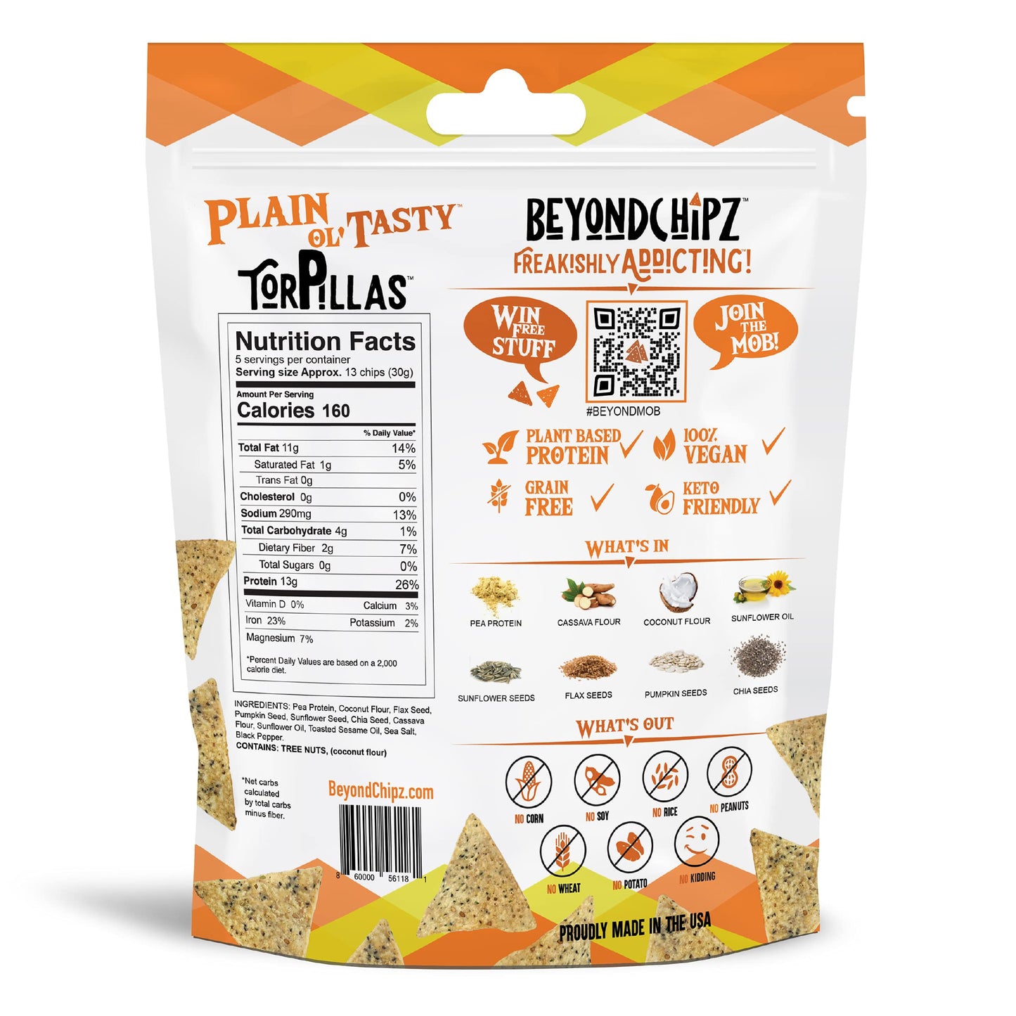 Beyondchipz Low Carb Tortilla Chips, Plain Ol' Tasty, Keto Friendly, Gluten Free, 5.3Oz Bag, Pack Of 4