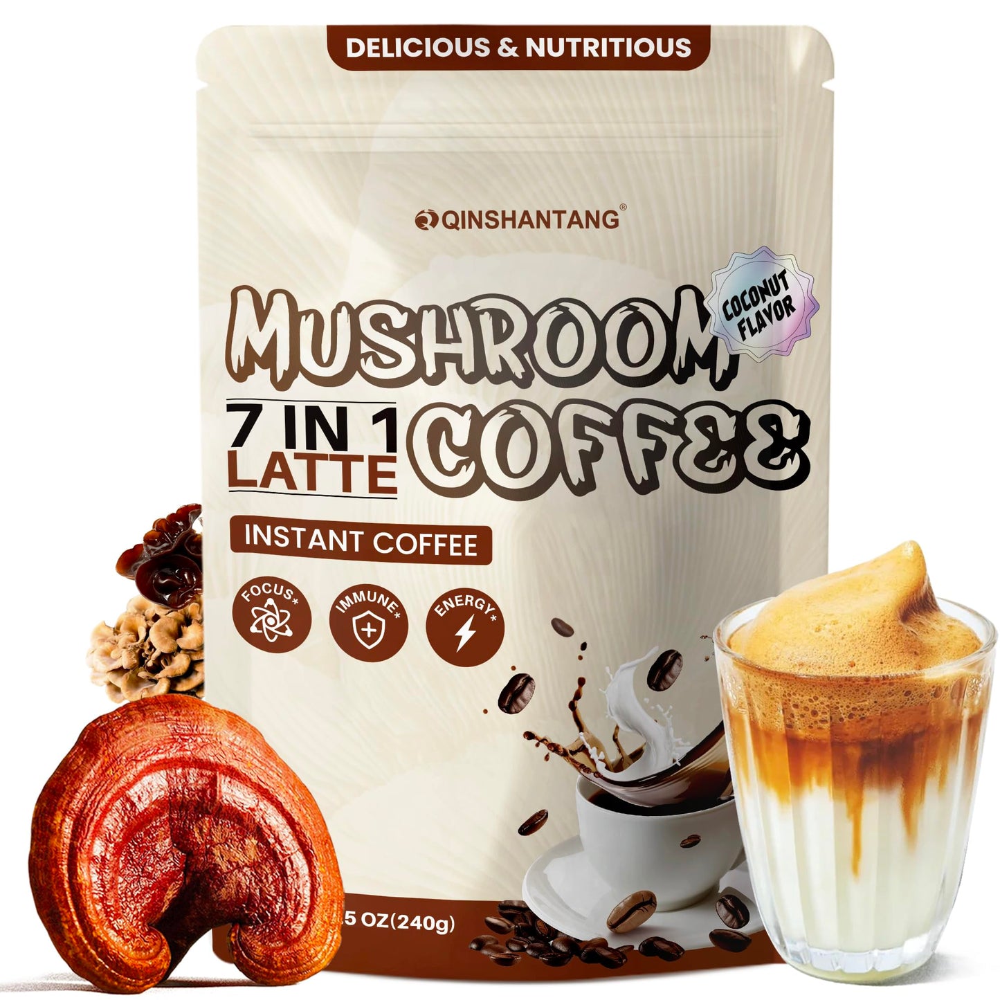 Mushroom Coffee with Coconut Creamer, 7 Mushroom and Ceylon Cinnamon Powder, Latte Mix | Lions Mane & Reishi for Immunity & Ene