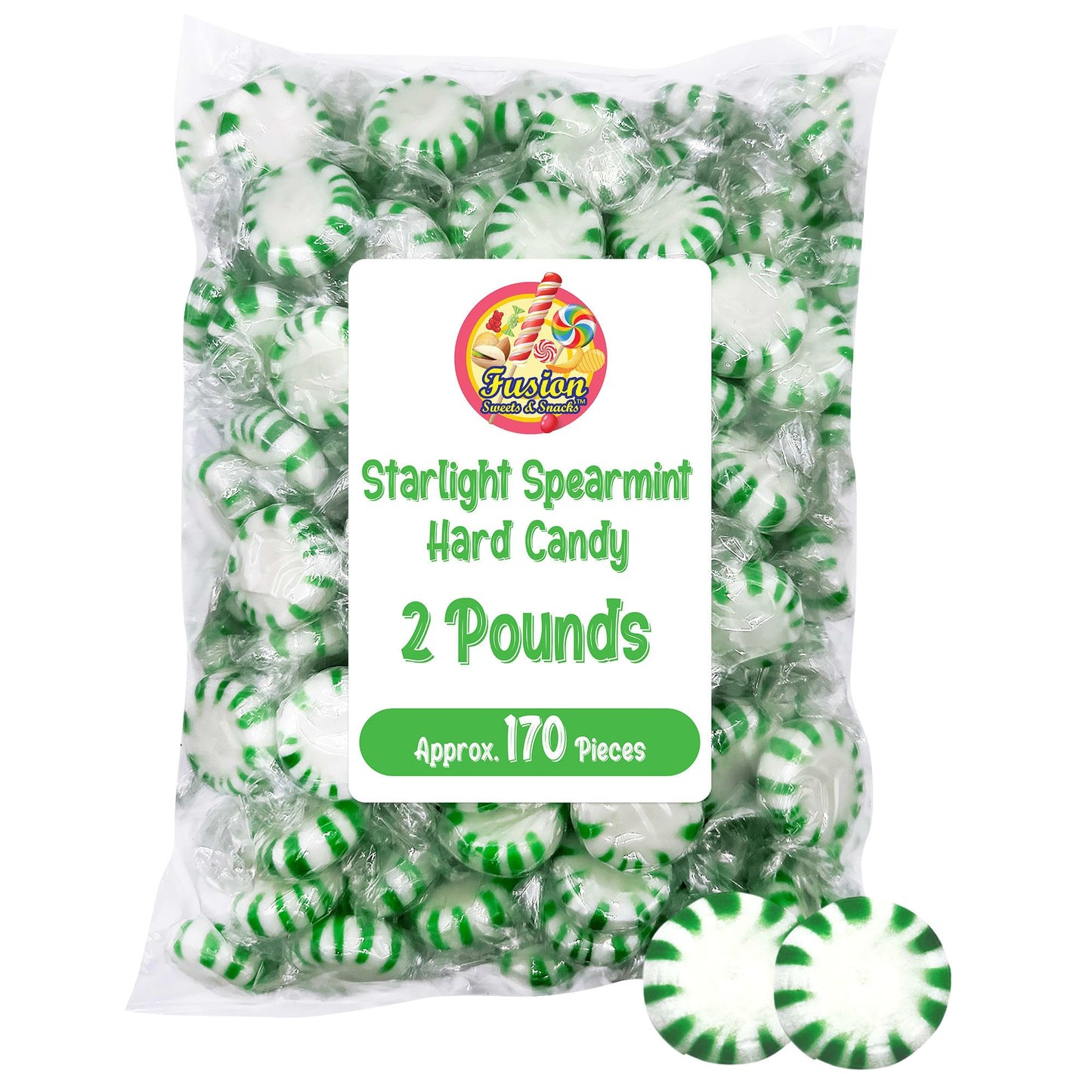 Starlight Spearmint Candy - 2 Pound Bulk (Approx 170 Pieces) Individually Wrapped Mints - Refreshing Green & White Spearmint Har