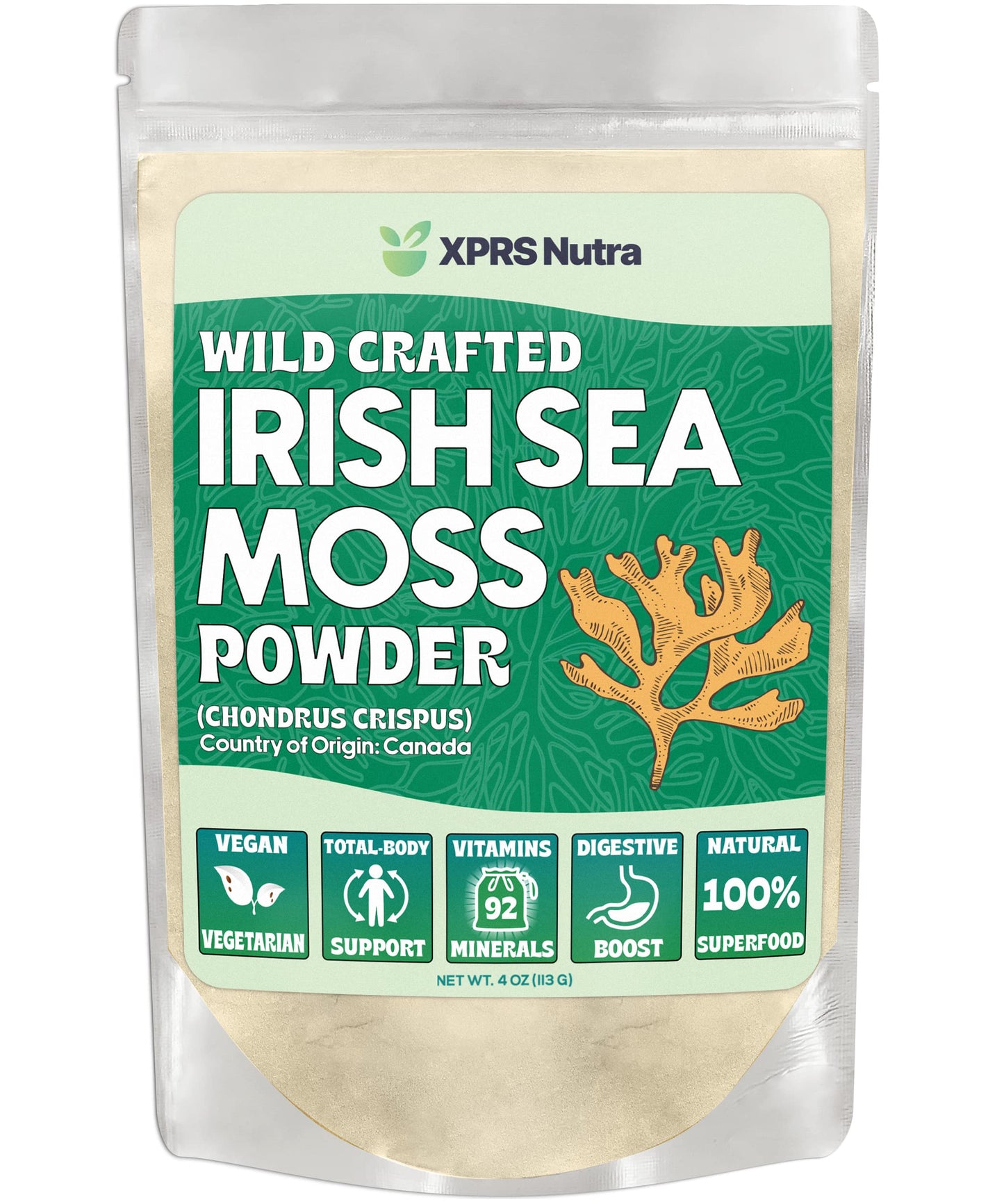 Xprs Nutra Irish Sea Moss Powder (Chondracanthus Chamissoi) - Enhanced Wildcrafted Seamoss Powder For Glowing Skin - Total Body Health Sea Moss Drink Powder - Vegan Friendly Irish Moss Powder (4 Oz)