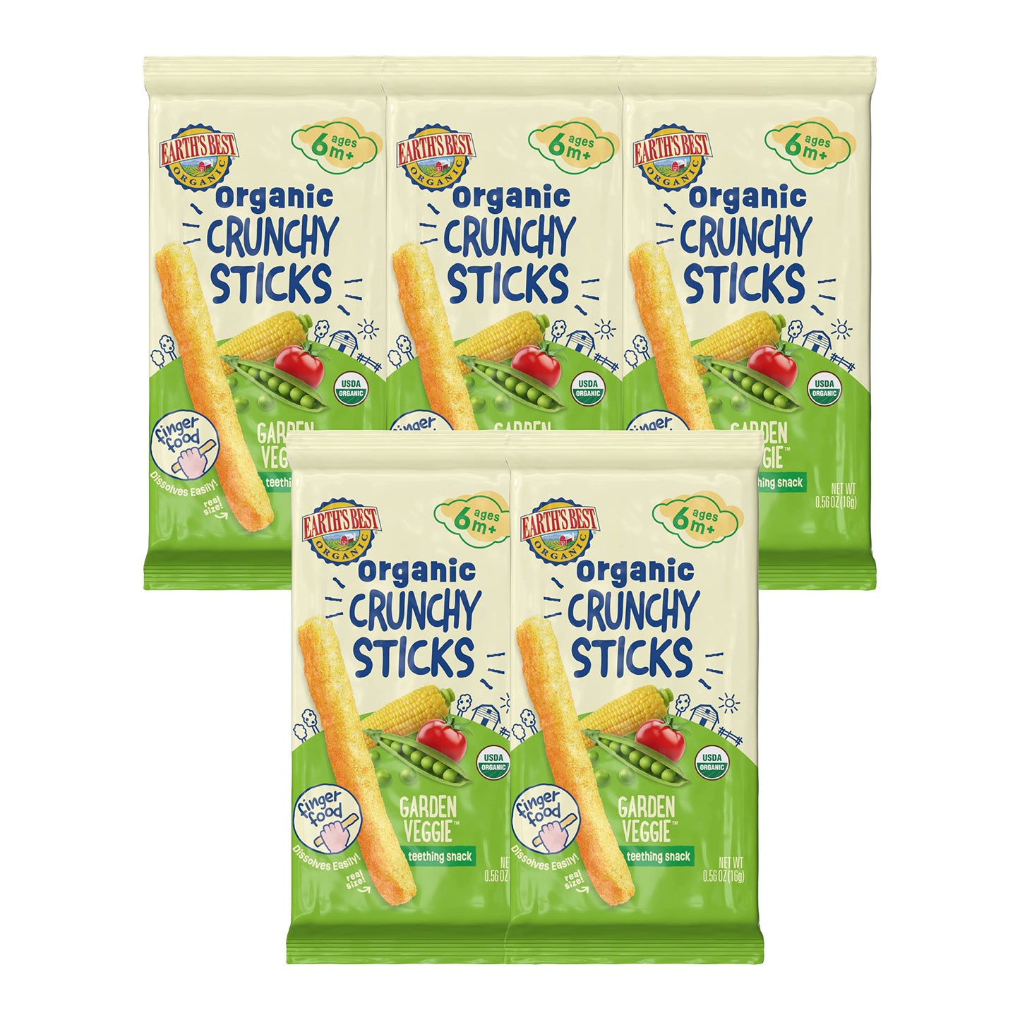 Earth'S Best Organic Baby Food, Dissolvable Teething Snack For Babies 6 Months And Older, Garden Veggie Crunchy Sticks, .56 Oz P