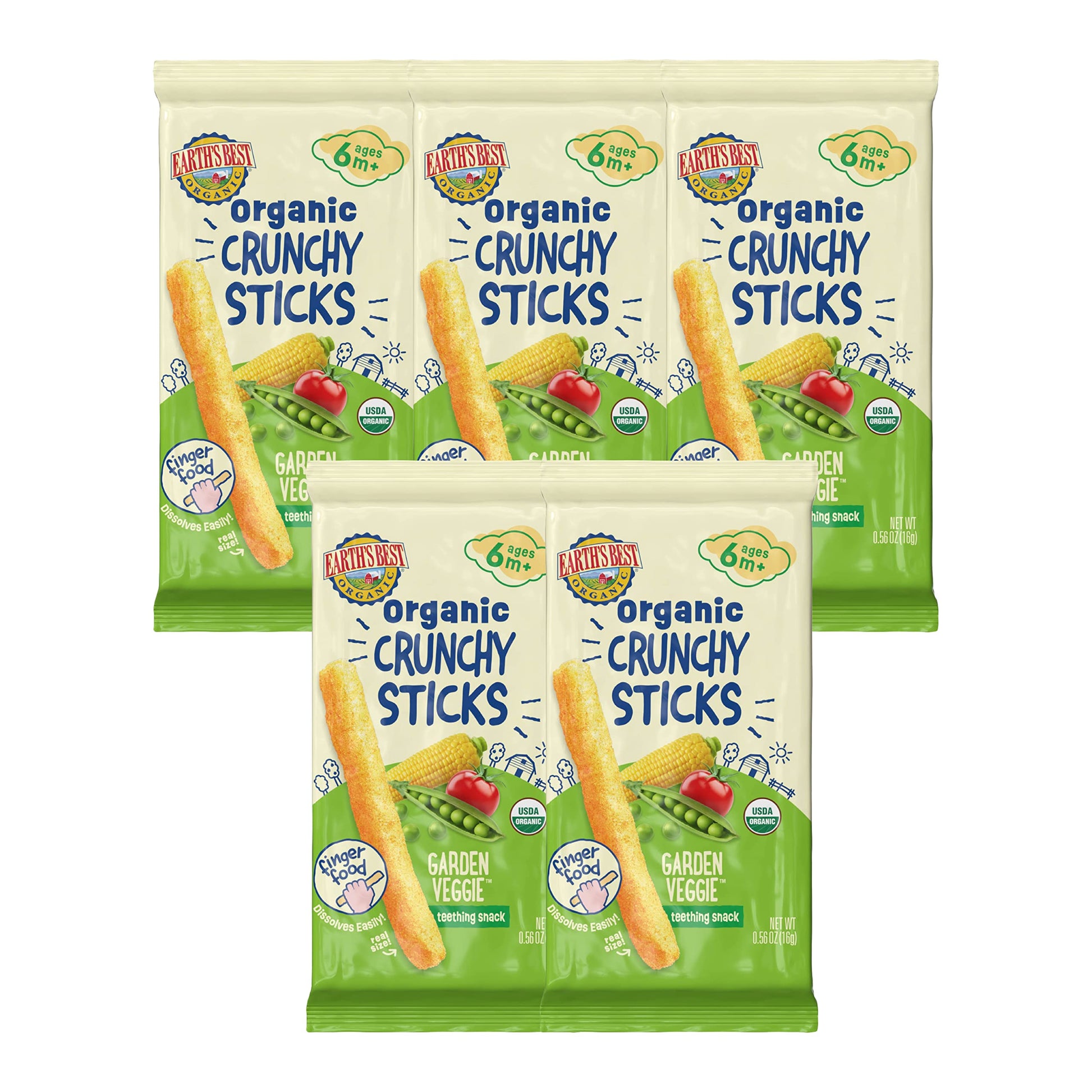 Earth'S Best Organic Baby Food, Dissolvable Teething Snack For Babies 6 Months And Older, Garden Veggie Crunchy Sticks, .56 Oz P