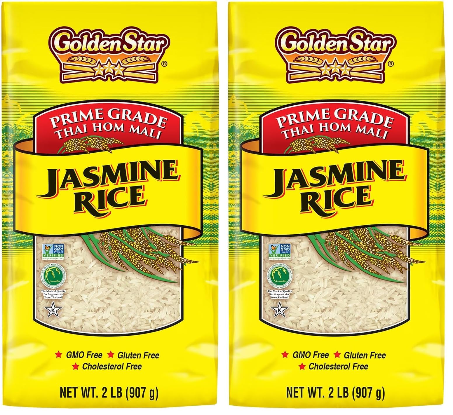 Golden Star Thai Hom Mali White Jasmine Rice - Prime Grade White Rice - 2 lb Bag (Pack of 2)