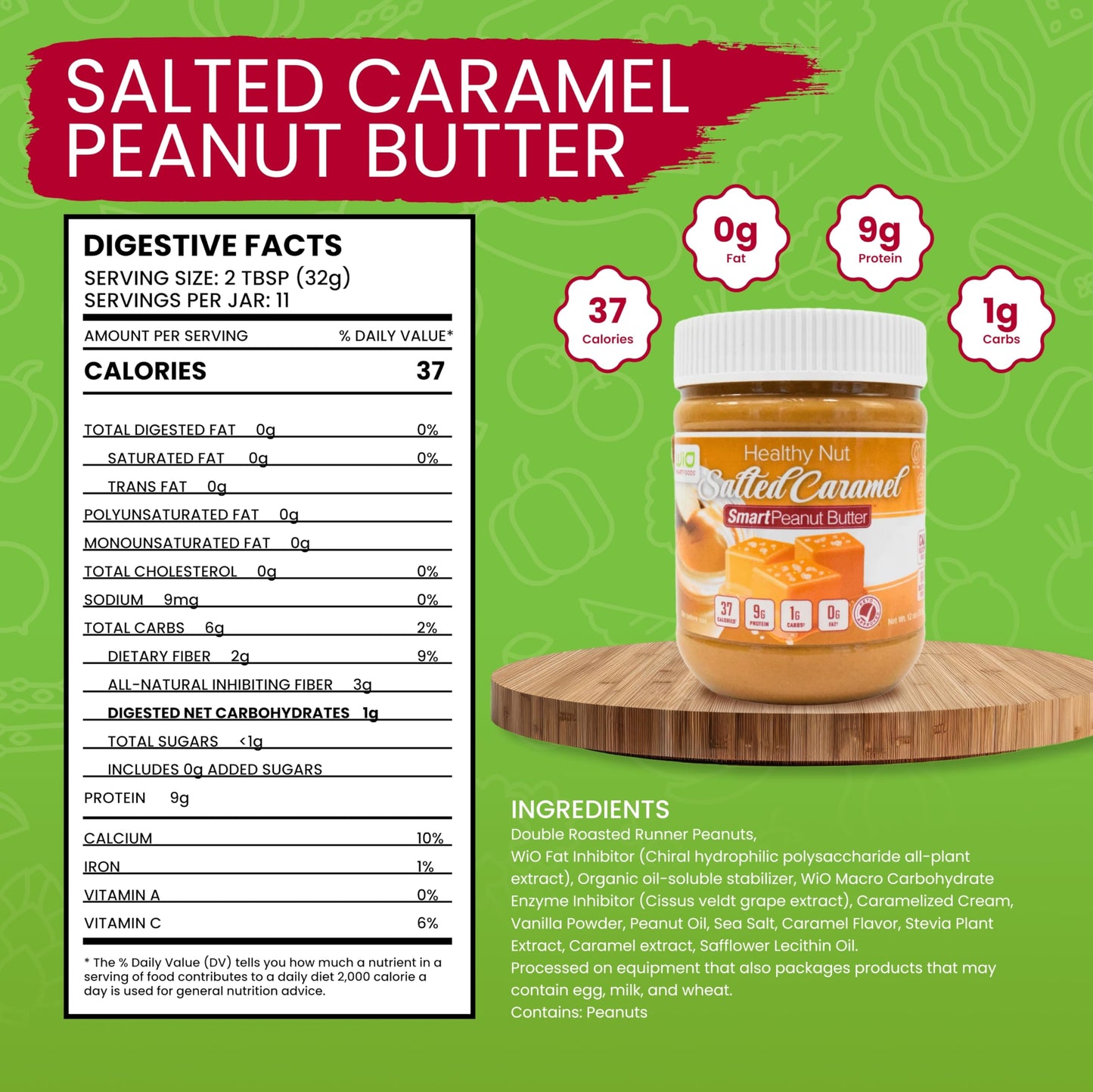 WiO SmartFoods Peanut Butter, 12-Oz, Healthy Salted Caramel Peanut Butter, Low-Carb, Keto-Friendly, Sugar-Free