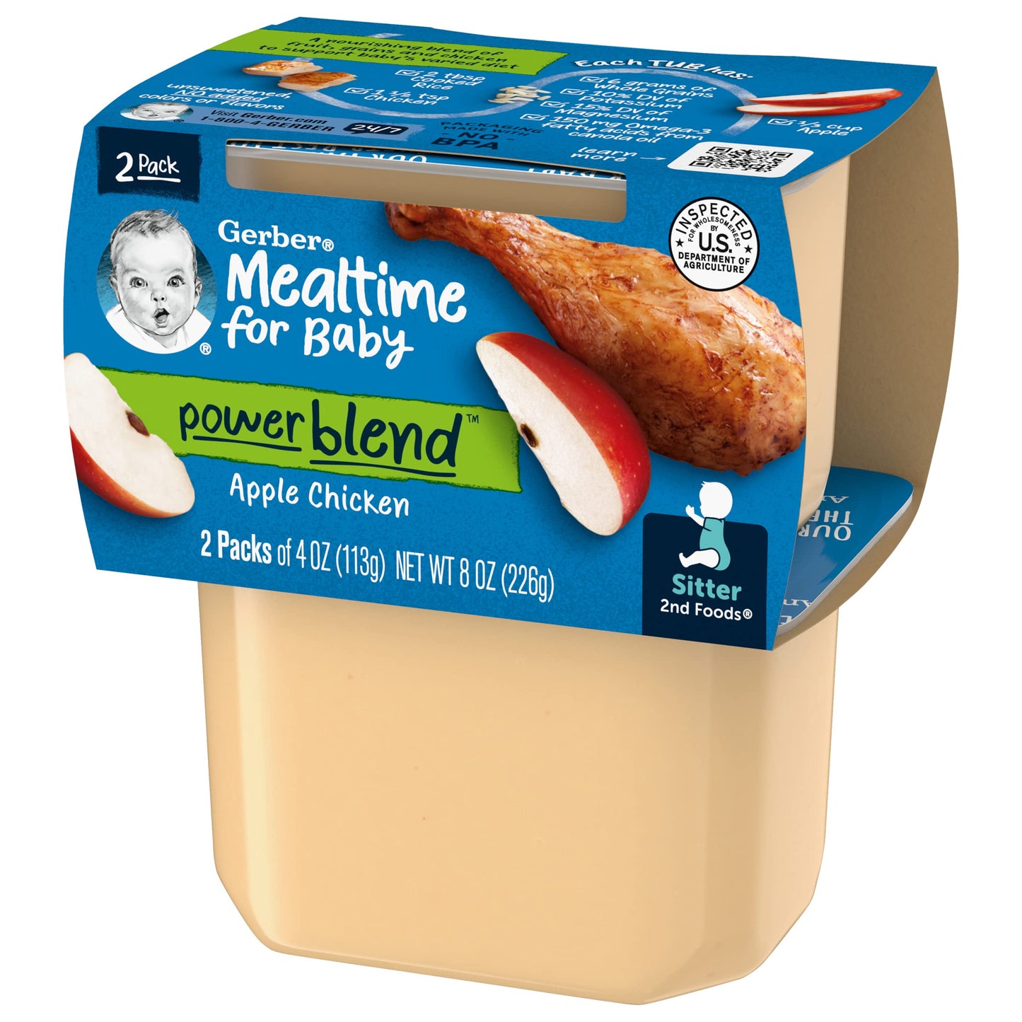 Gerber Mealtime For Baby 2Nd Foods Powerblend Baby Food Tubs, Apple Chicken, Unsweetened With No Added Colors Or Flavors, 2-4 Oz Tubs/Pack (Pack Of 10)