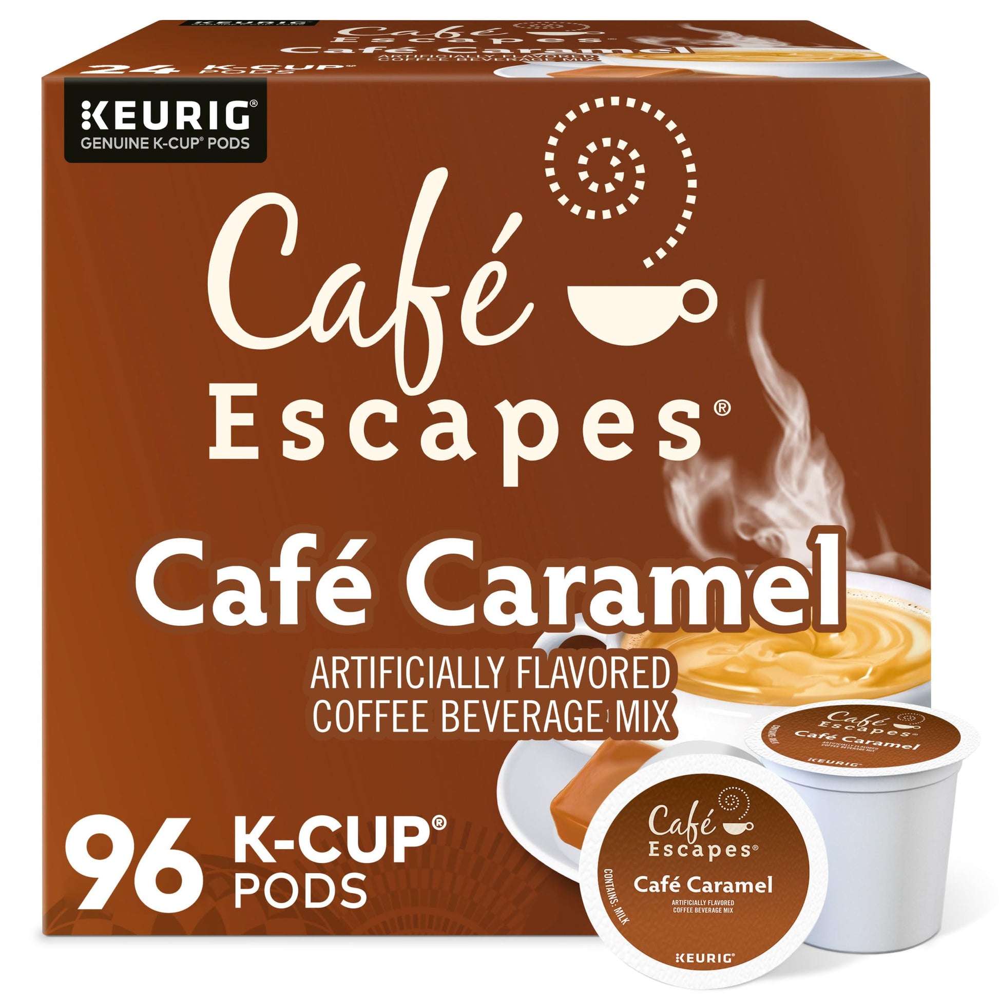 Café Escapes Cafe Caramel Coffee Beverage K-Cup Pods, 96 Count (4 Boxes of 24 Pods), Brown, Model 5000330126