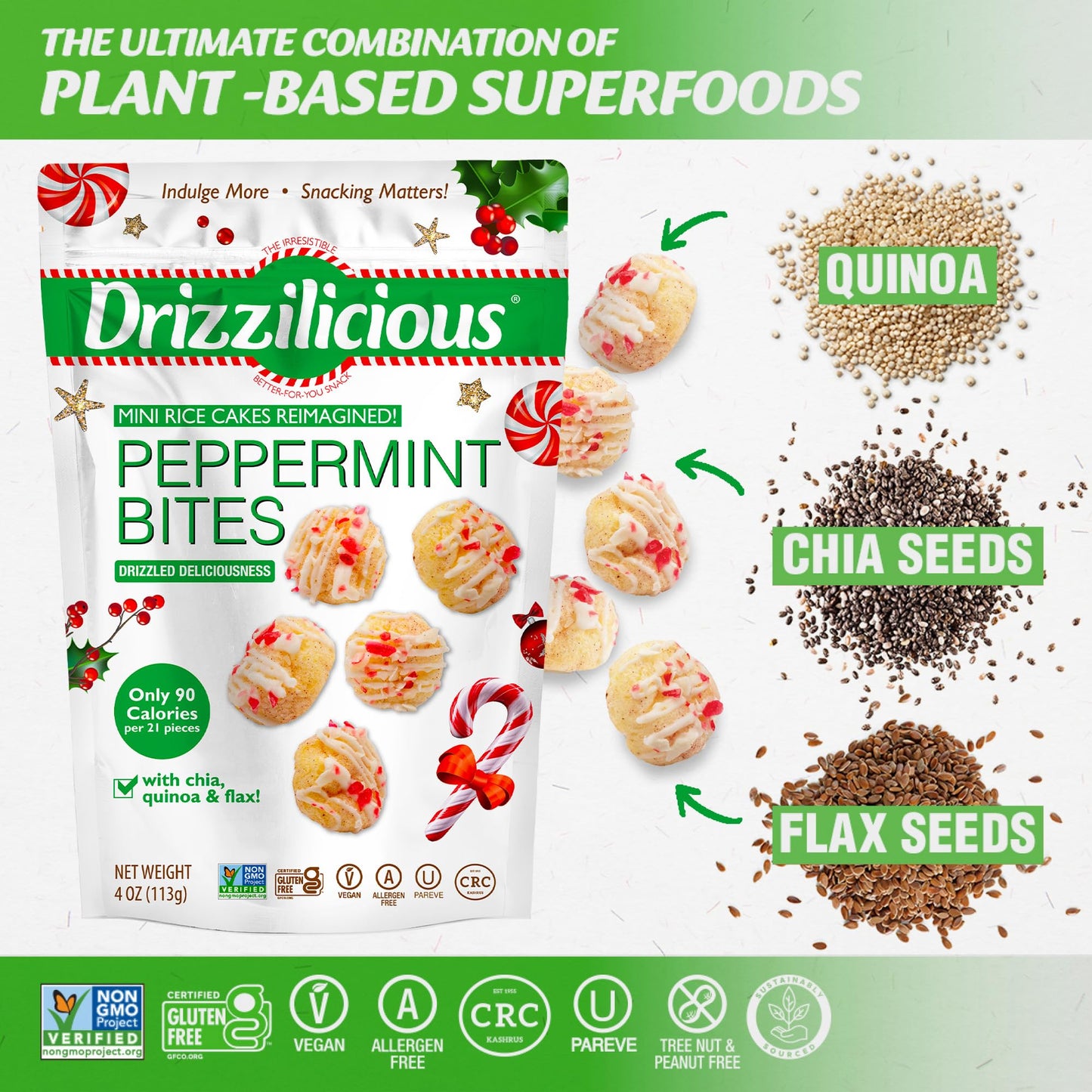Drizzilicious Mini Rice Cakes - Rice Crisps, Healthy Snack For Mature-Themeds And Kids, Flavored Rice Cakes, Vegan, Gluten Free, Only 90 Calories Per Serving - Peppermint, 4 Oz (Pack Of 2)