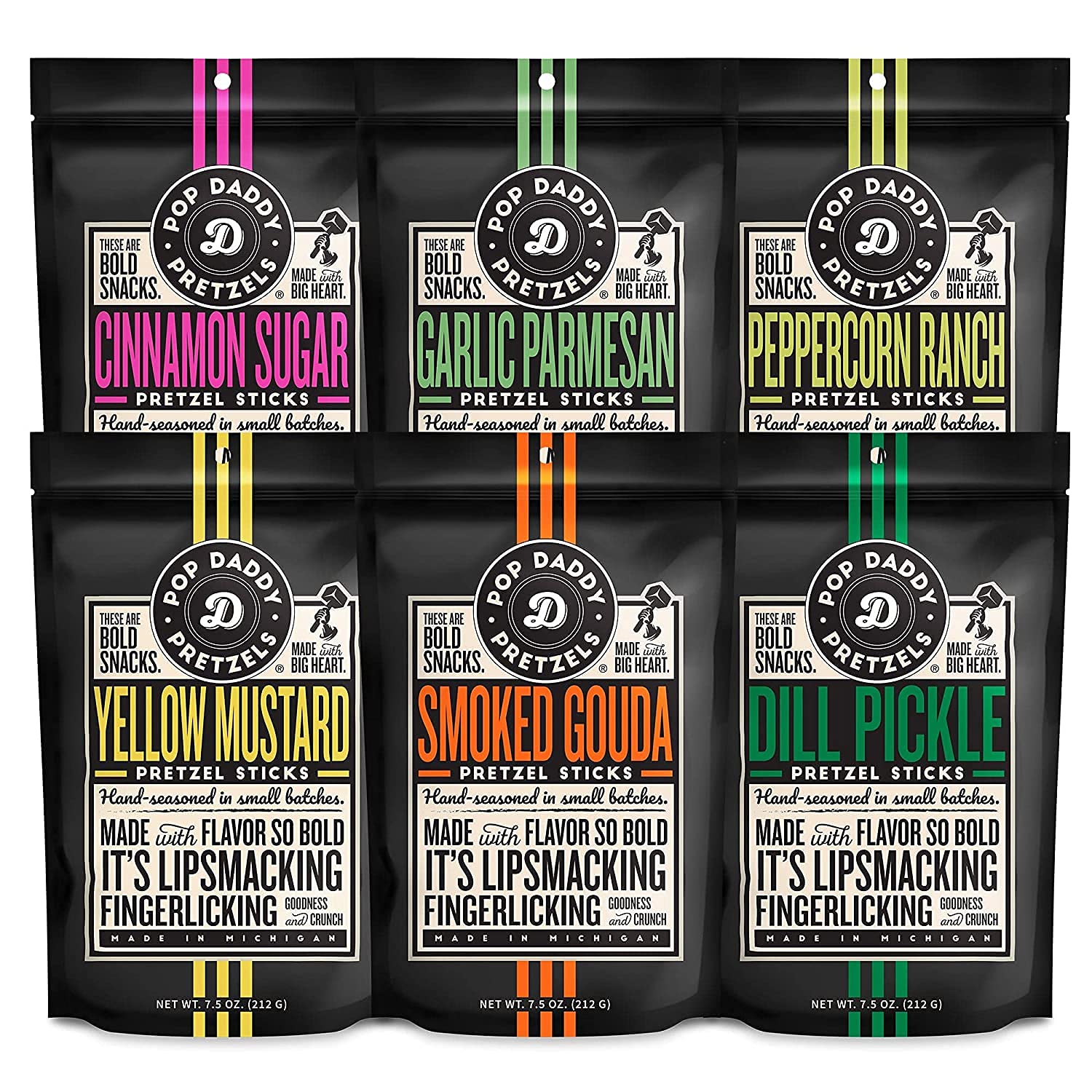 POP DADDY Flavored Pretzel Sticks Variety Pack, 7.5oz (Pack of 6) - Garlic Parm, Cinnamon Sugar, Peppercorn Ranch, Smoked Gouda, Dill