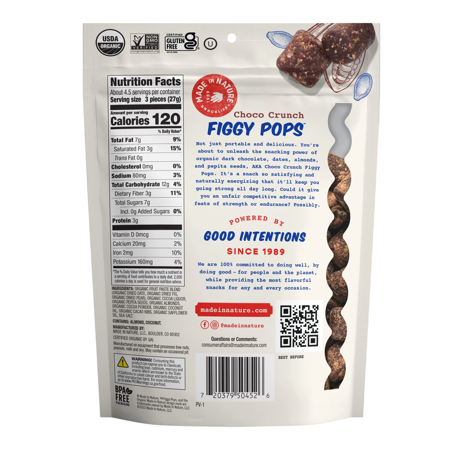Made In Nature Organic Figgy Pops, Choco Crunch, 4.2 Ounce (Pack of 6) - Unbaked Fruit & Nut Energy Bites, Non-GMO, Gluten Free,
