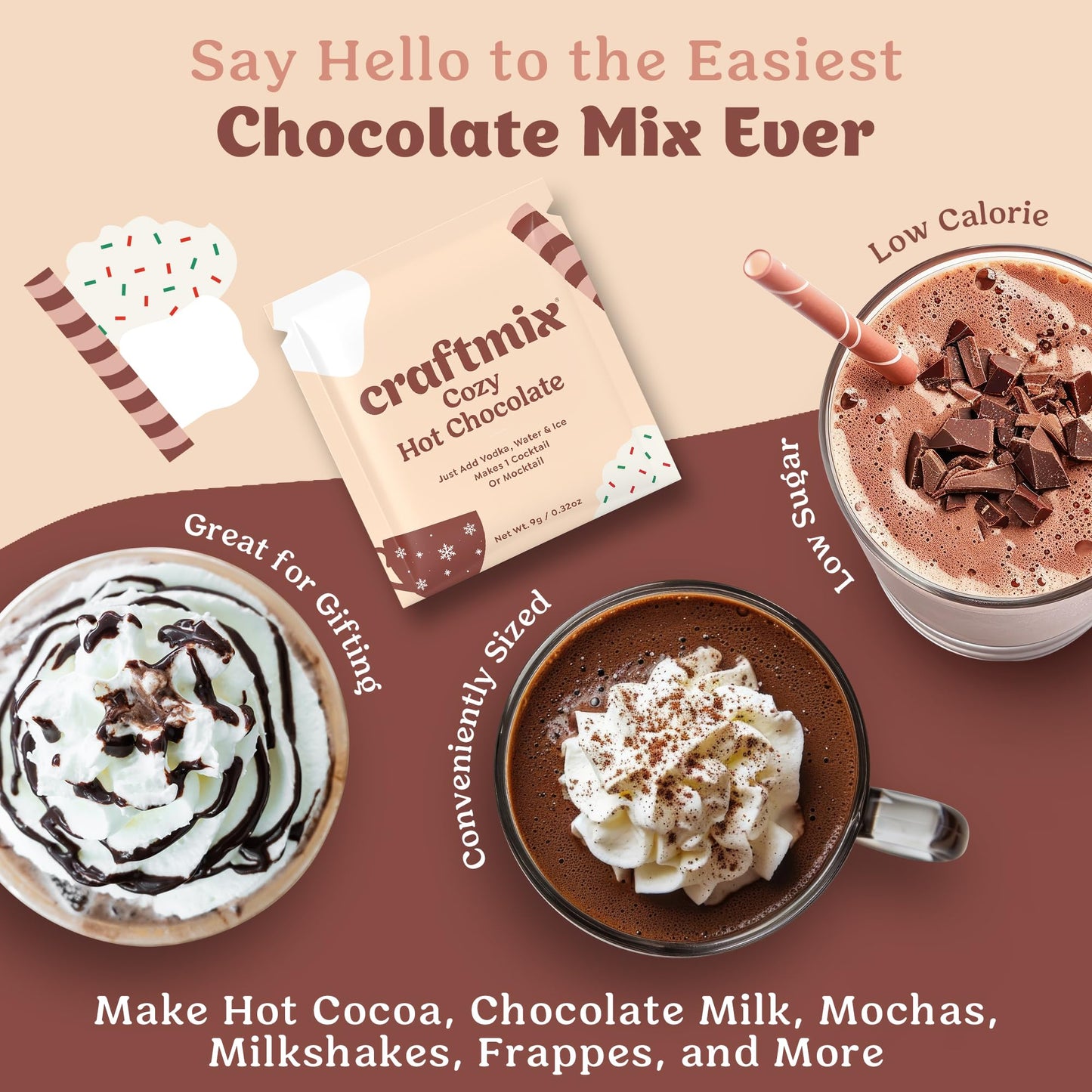 Craftmix Cozy Hot Chocolate Mix - 12 Individual Hot Cocoa Packets - Instant Hot Chocolate Drink - Made With Real Cocoa - Vegan,