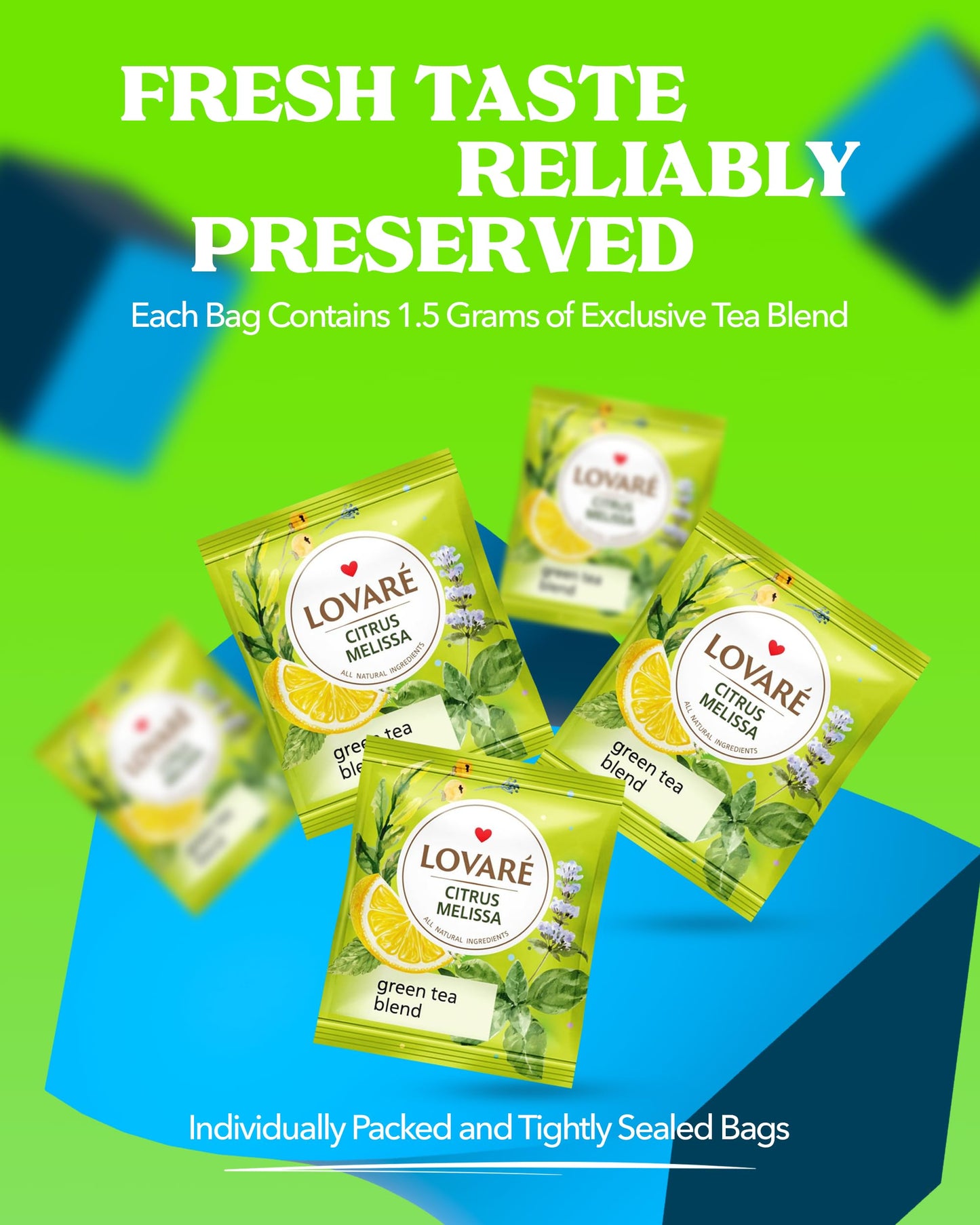 LOVARE Citrus Melissa Tea Bags - Green Tea, Mint, Lemongrass, Orange Peel - 32 Individually Wrapped Bags (1.5 g Each)
