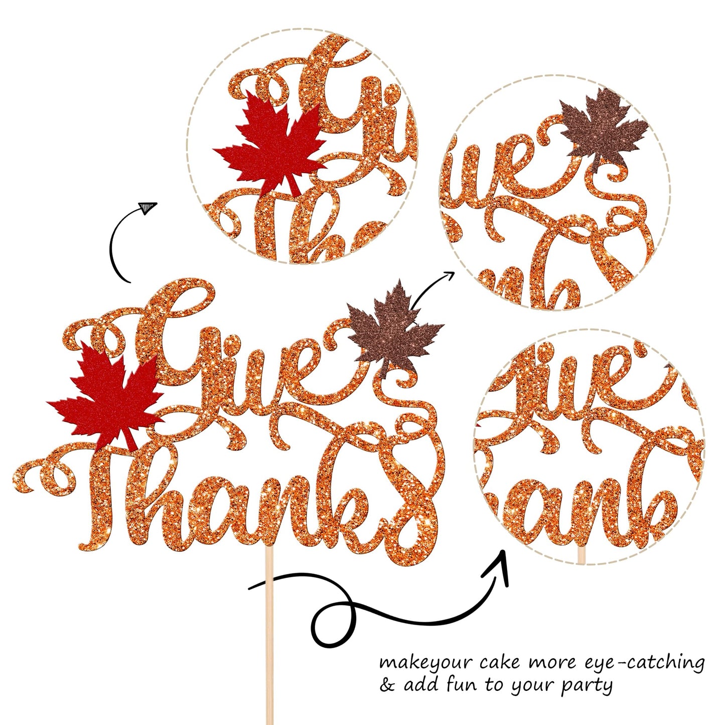 1 Pcs Give Thanks Cake Topper Glitter Maple Leaves Autumn Happy Thanksgiving Cake Pick Fall Harvest Thankful Grateful Blessed Ca