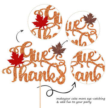 1 Pcs Give Thanks Cake Topper Glitter Maple Leaves Autumn Happy Thanksgiving Cake Pick Fall Harvest Thankful Grateful Blessed Ca