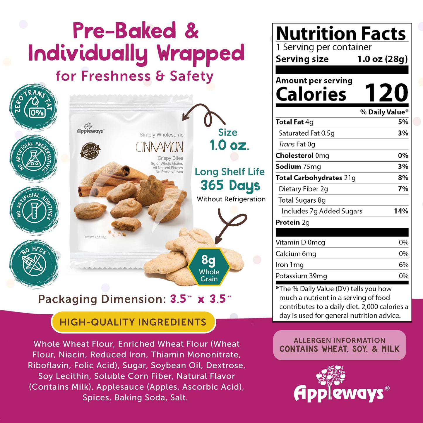 Whole Grain Cinnamon Crispy Bites, All-Natural Individually Wrapped Cinnamon Best Snacks for Classroom, Made in USA, 108 Count,