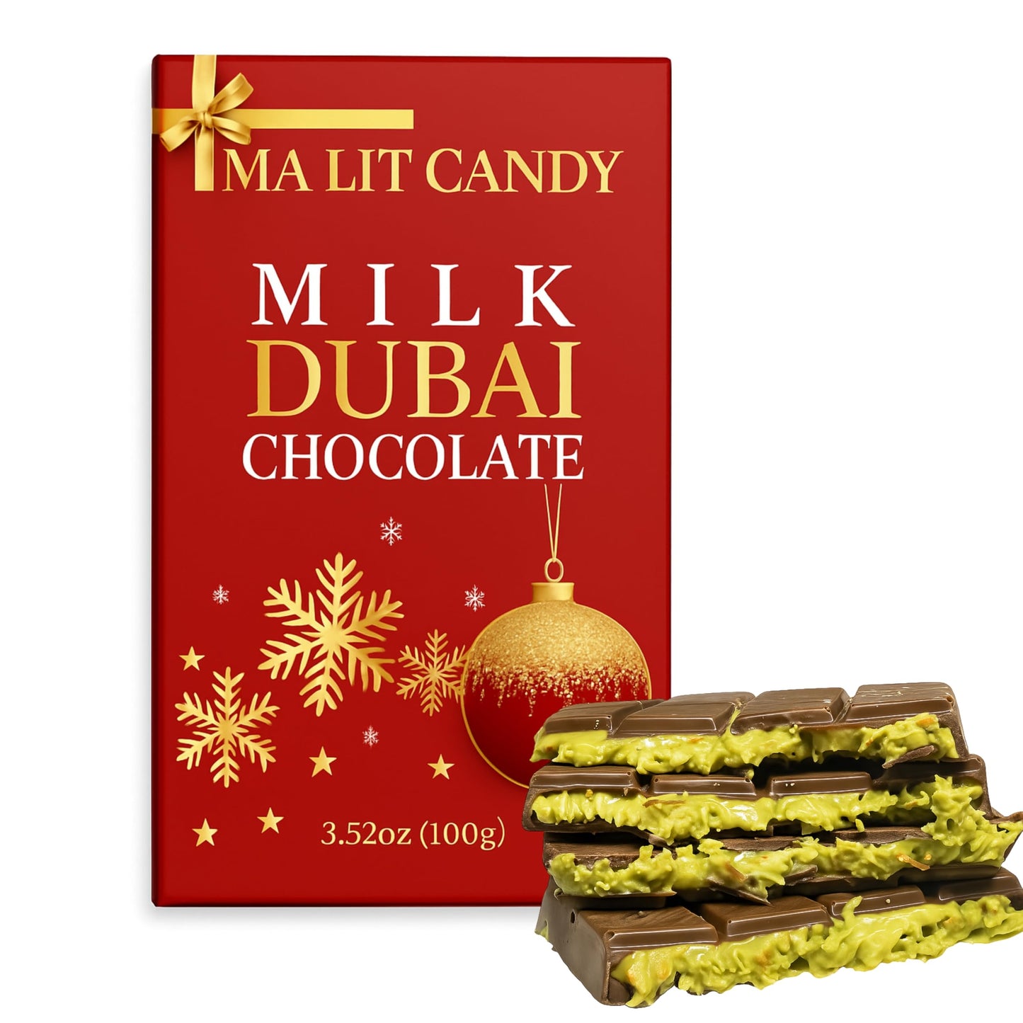 Dubai Chocolate Bar - 3.52Oz (100G) - Elegant Ma Lit Candy Milk Dubai Chocolate Bar With Pistachio & Knafeh/ Kataifi - Viral Dubai Chocolate - Great Holiday Gift For Men Women Mom Dad (Christmas Package)