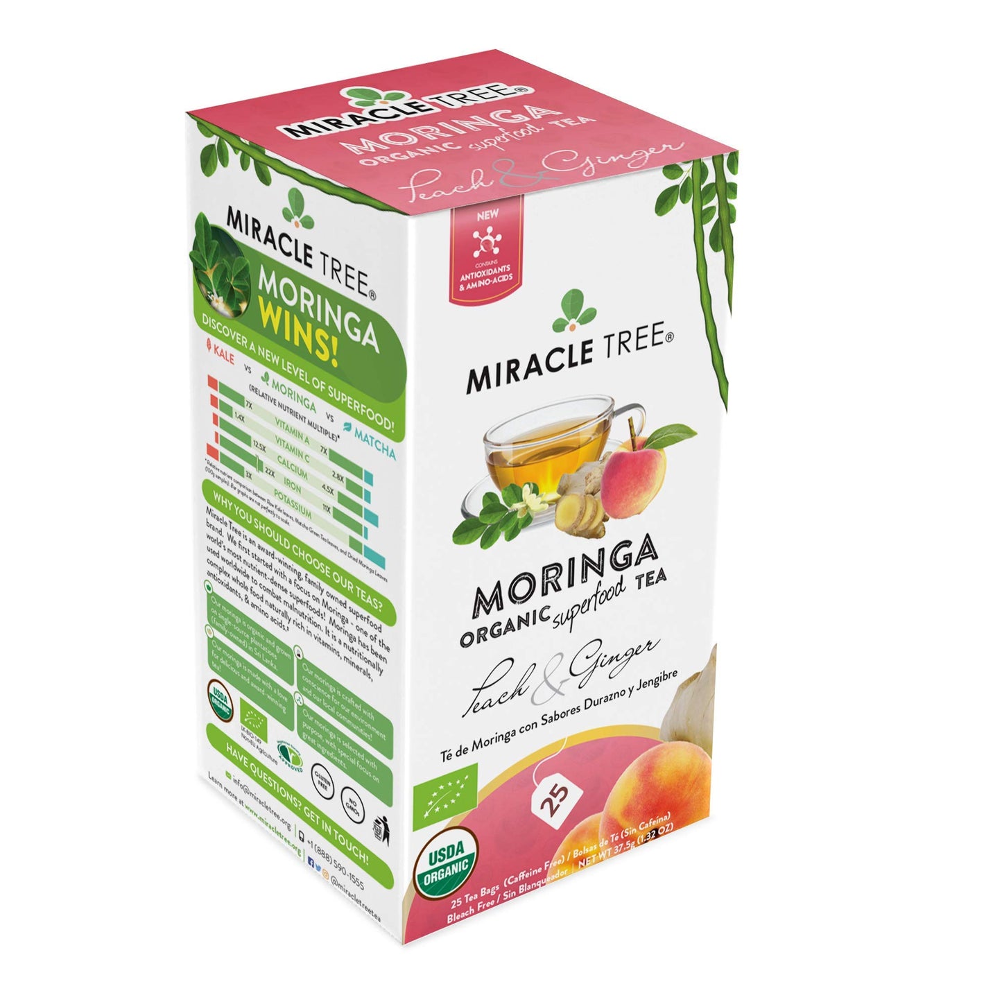 Tree Organic Moringa Tea, Peach & Ginger, 25 Individually Sealed Bags, Vegan, Gluten-Free, Caffeine-Free
