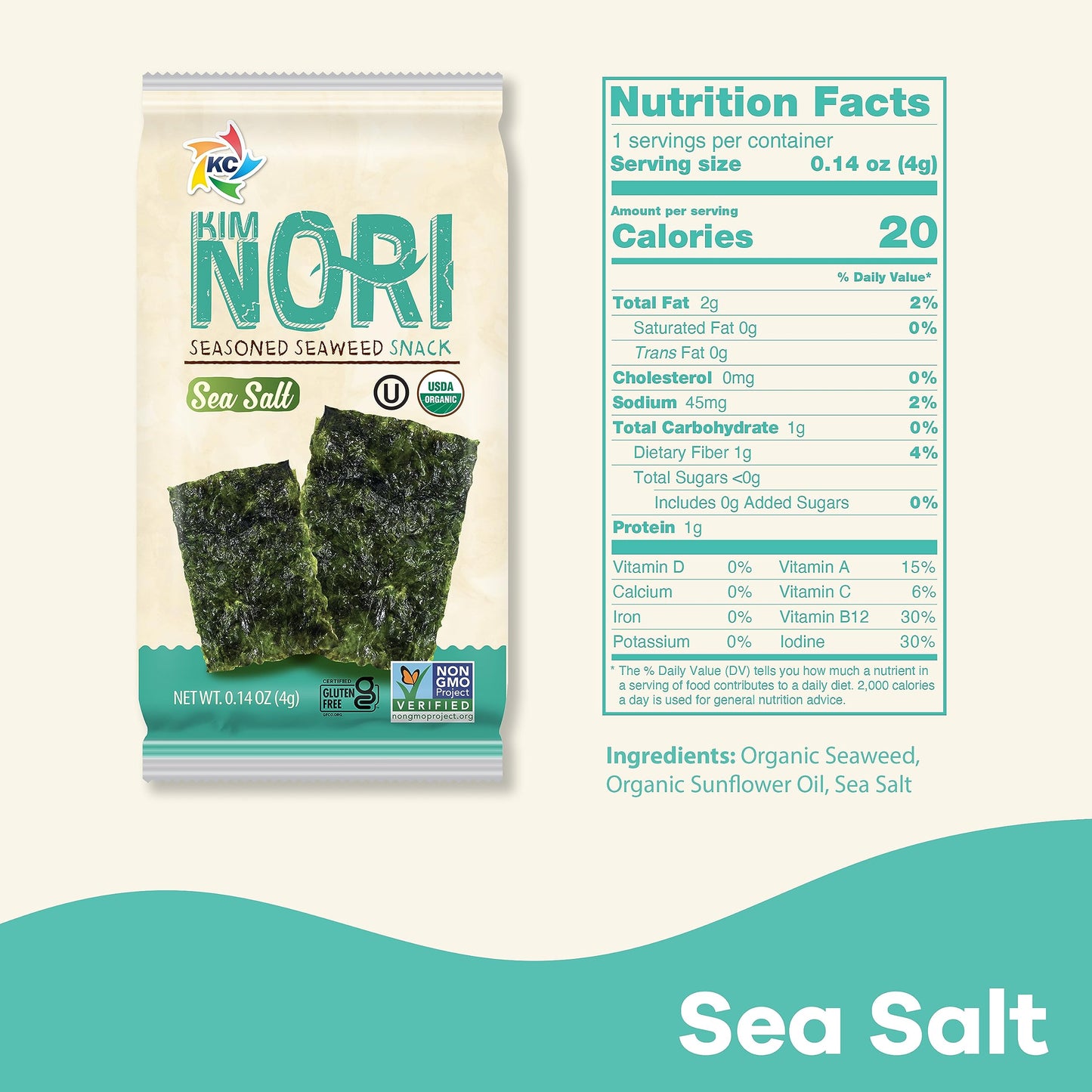 Kimnori Seasoned Seaweed Snacks Sheets - Organic Sea Salt Flavor 12 Individual Packs Roasted Crispy Premium 100% Natural Laver K