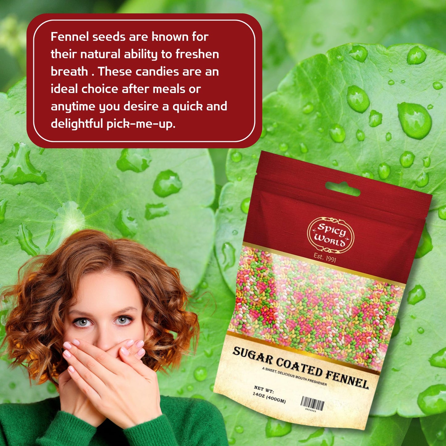 Spicy World Sugar Coated Fennel Seeds | Sweet Saunf Candy For Mouth Freshening - 14 Oz (400G) Pack | Premium Quality Fennel Mouth Freshener | Indian After Meal Digestive Treat