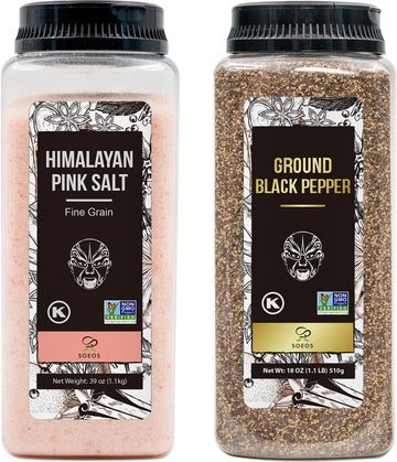 Soeos Himalayan Pink Salt Fine 39 oz + Ground Black Peppercorns 18 oz,Salt and Pepper for Grinder Refill