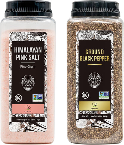 Soeos Himalayan Pink Salt Fine 39 oz + Ground Black Peppercorns 18 oz,Salt and Pepper for Grinder Refill