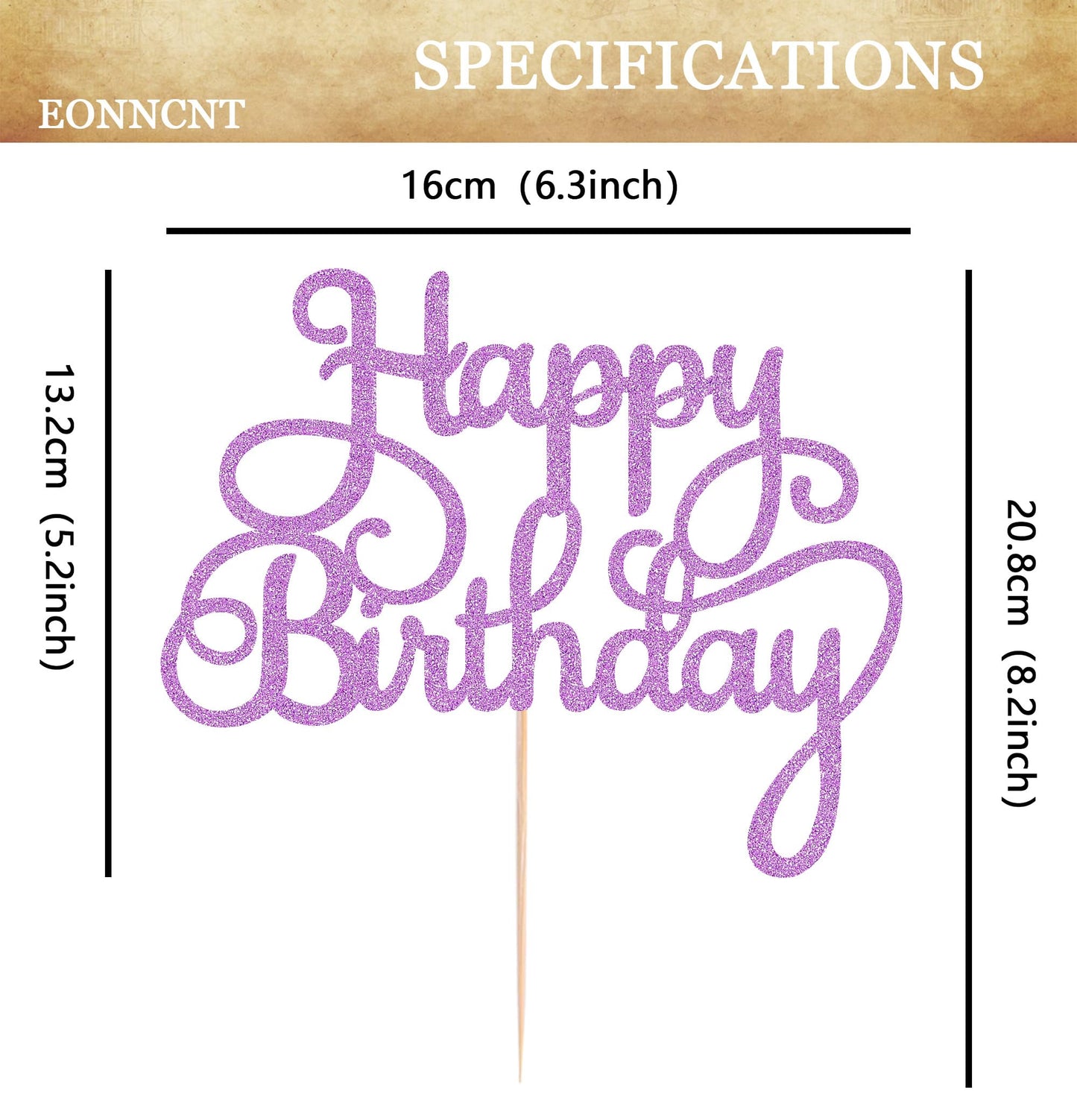 EONNCNT Happy Birthday Cake Topper - Purple Glitter - 6.3x8.2 inches - Paper Material