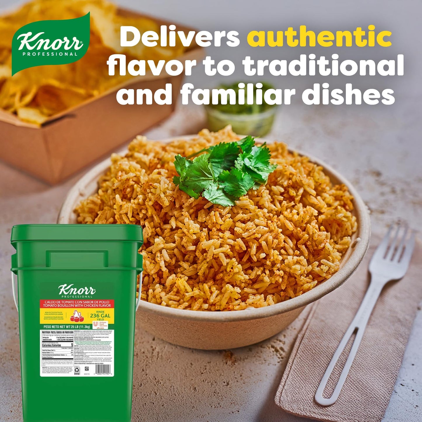 Knorr Professional Caldo de Tomate  Tomato Bouillon with Chicken Flavor Granulated Base  Bouillon as a Base  Marinade  Flavor Enhancer  Shelf Stable Convenience  236 Gallon Yield  25 lbs (Pack of 1)