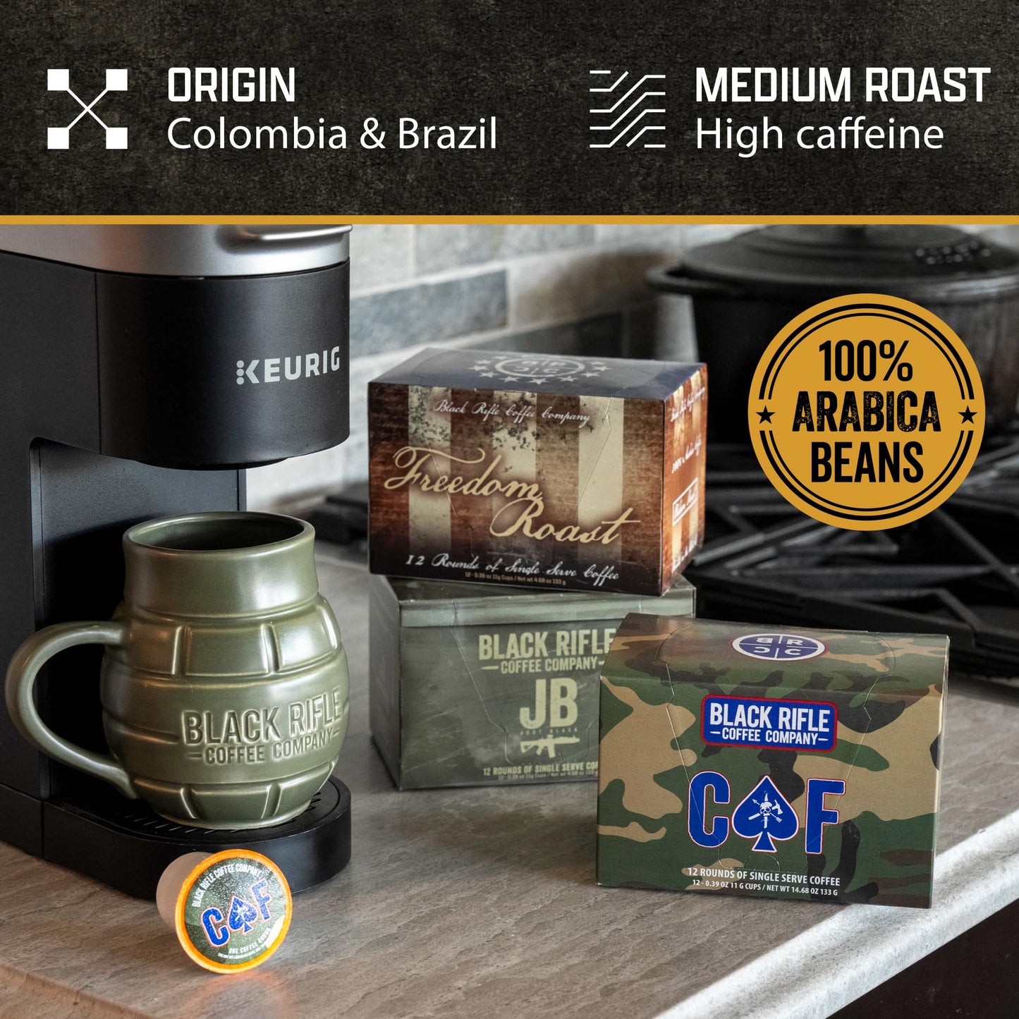 Black   Coffee CAF Medium Roast Coffee Pods, 2x Caffeine, 32 Count, 100% Columbian Excelso Beans