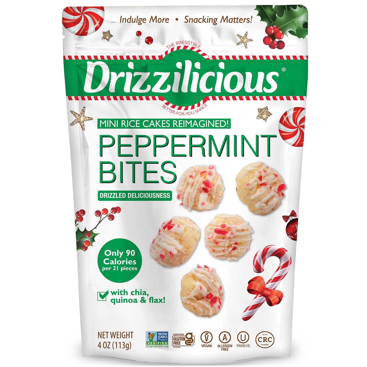 Drizzilicious Mini Rice Cakes - Rice Crisps, Healthy Snack For Mature-Themeds And Kids, Flavored Rice Cakes, Vegan, Gluten Free, Only 90 Calories Per Serving - Peppermint, 4 Oz (Pack Of 2)