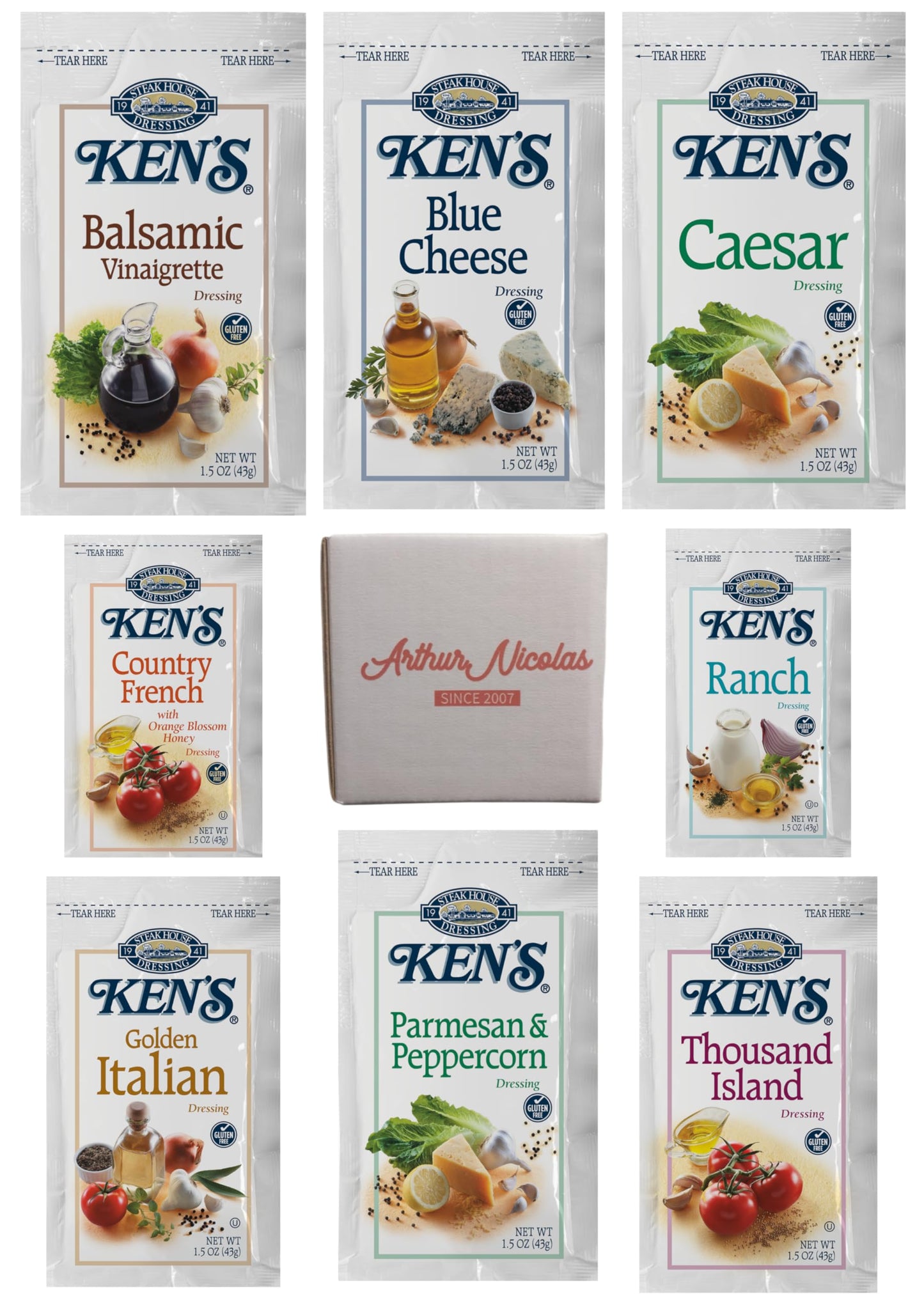 40 Count | Salad Dressing Packets | 8 Flavors: Balsamic Vinaigrette, Blue Cheese, Caesar, Country French, Ranch, Golden Italian,