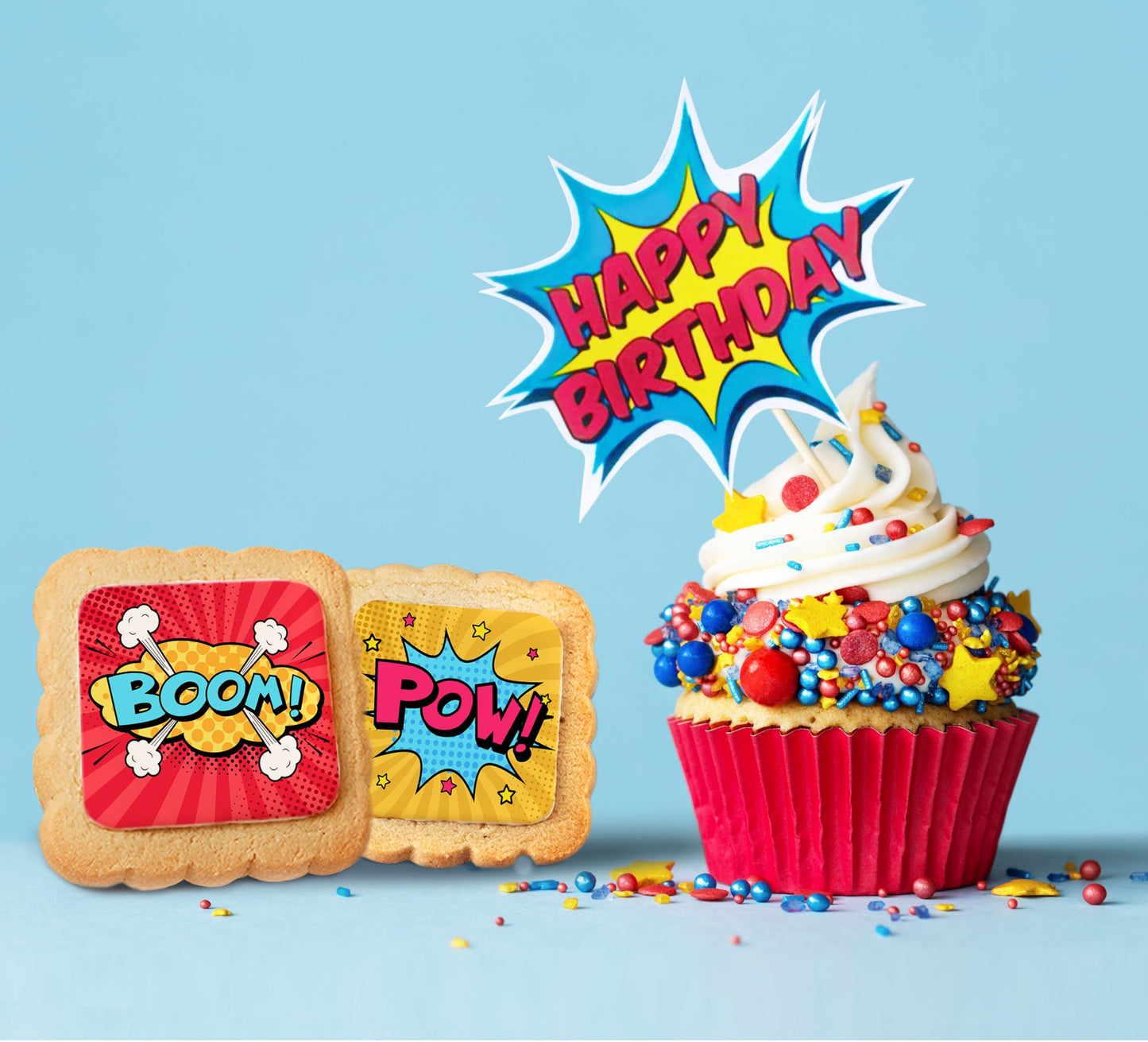 Superhero Cookies 24 Pack | Bulk Party Favors Birthday Party | Pow Boom Bang Wow