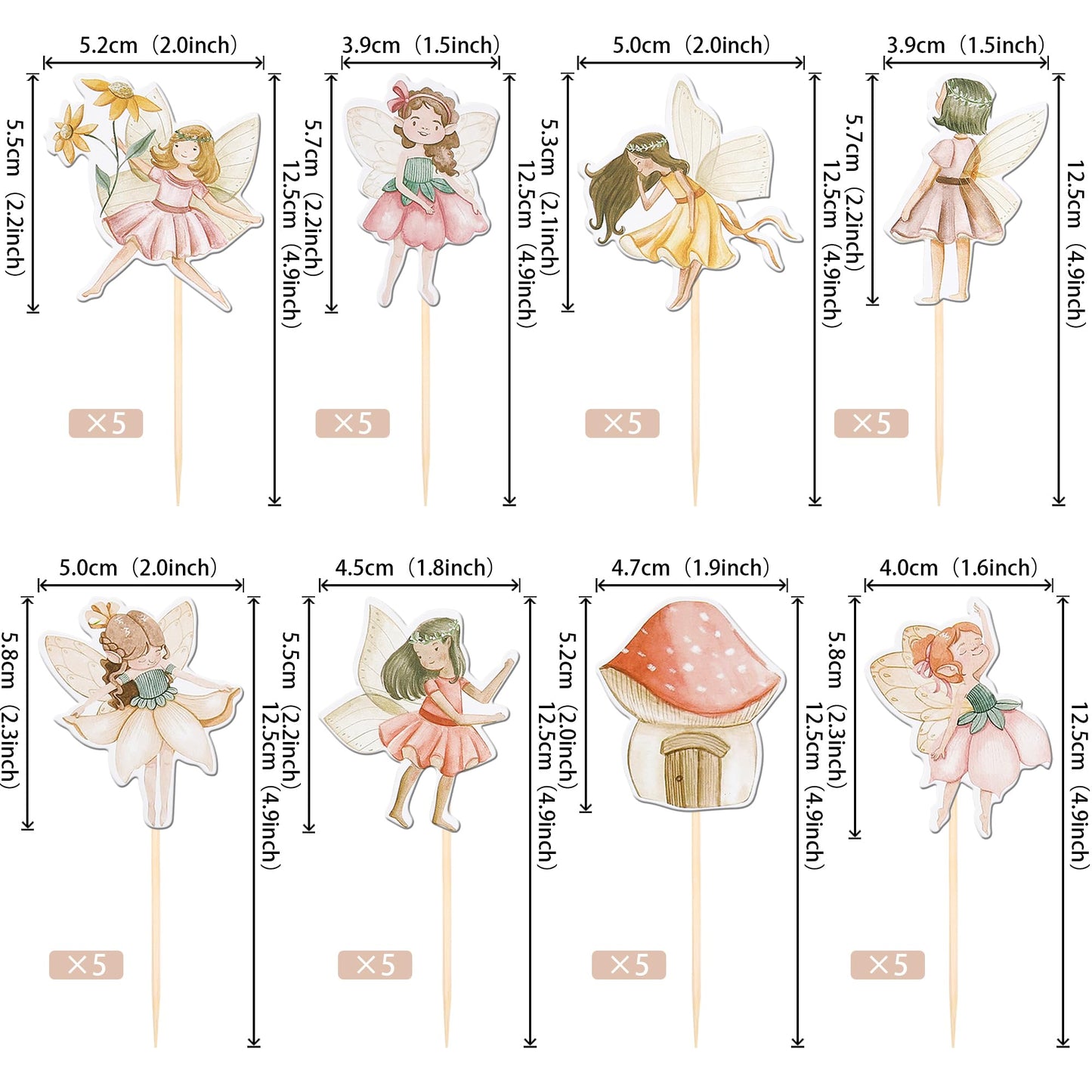 ZHUOWEISM Fairy Cupcake Toppers, 40 PCS Double-Sided Mushroom House & Angel Design, Paper, for Baby Showers & Birthday Parties