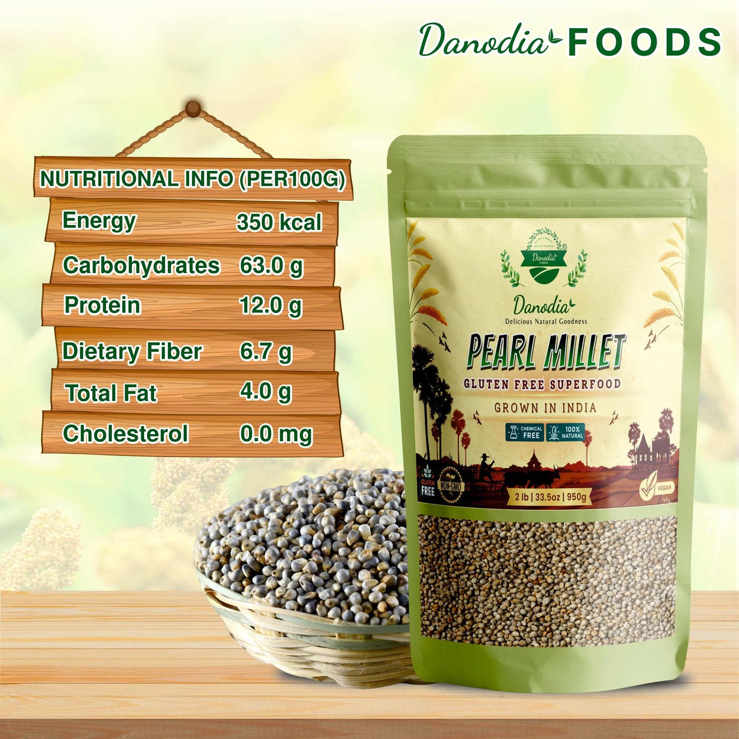 Danodia Foods Organic Pearl Millet (Bajra) - Unpolished Whole Grain, Gluten-Free, 2 lbs (950g)