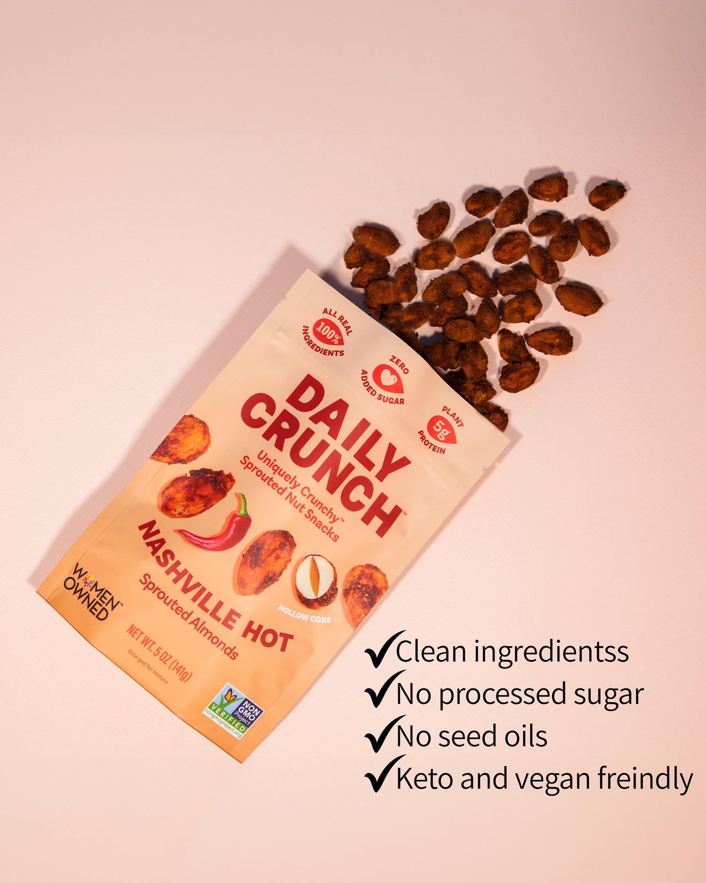 Daily Crunch Sprouted Almonds, Nashville Hot, Keto Friendly, 5 Ounce Resealable Bag, Non-GMO, Salt Free, Vegan Snack