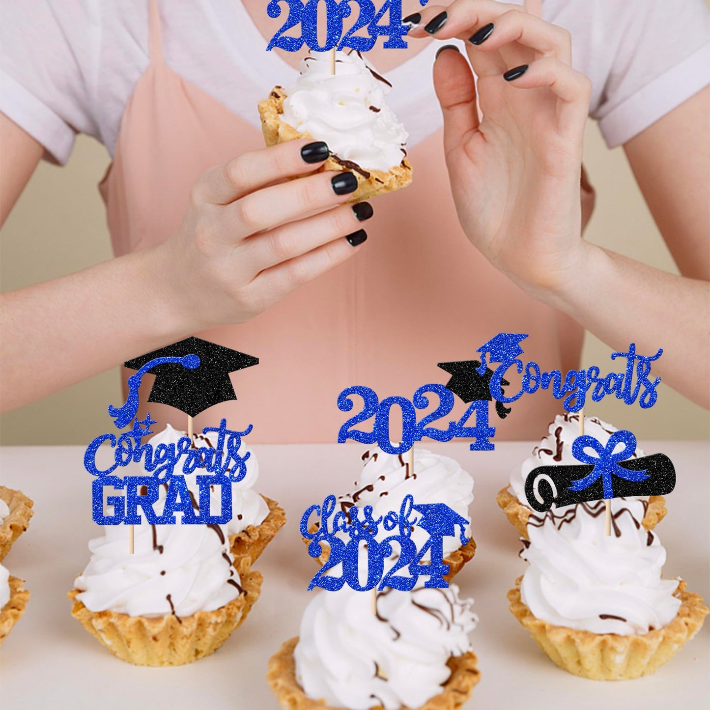 Rssta i Cupcake Toppers 24 Pack Glitter Graduation 2025 Blue Black Diploma Cap Cake Picks