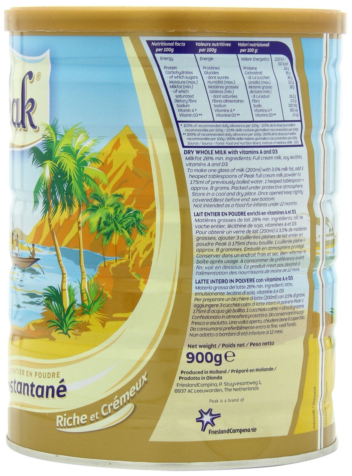 Peak Whole Milk Powder, 2 Pound (900G) Can - European Milk From Holland, Rbst Free, Full Rich Flavor, Dissolves Instantly, Long Shelf Life, Premium Full Fat Quality
