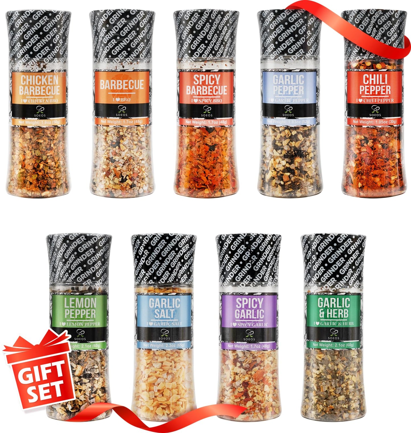 Soeos Spice Seasoning Set of 9, 16.28oz(461g), With Integrated Grinders, Salt and Pepper Grinder Set, Pure and Fresh Perfect for