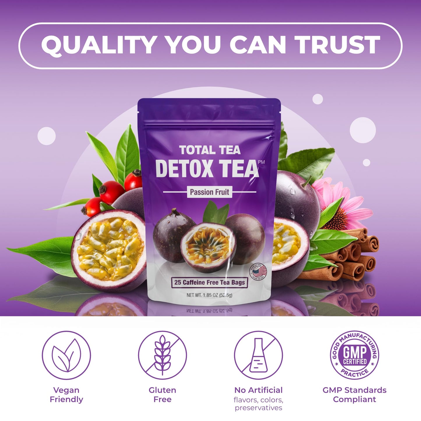 Total Tea Herbal Detox Tea with Chamomile, Hibiscus & Ginger - 25-Pack, Caffeine Free, Passion Fruit Flavor