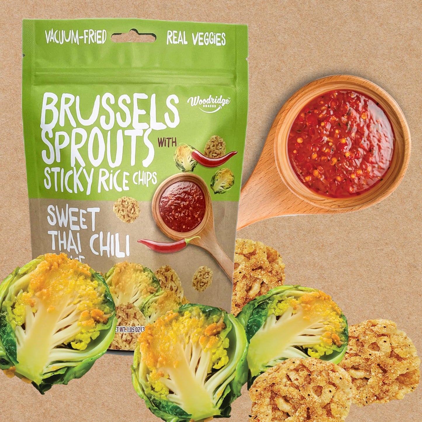 Woodridge Snacks | Vacuum Fried Brussels Sprouts With Sticky Rice Chips | Thai Chili Sauce Flavor | 6 Pack | 1.06 Oz (30G) Bags