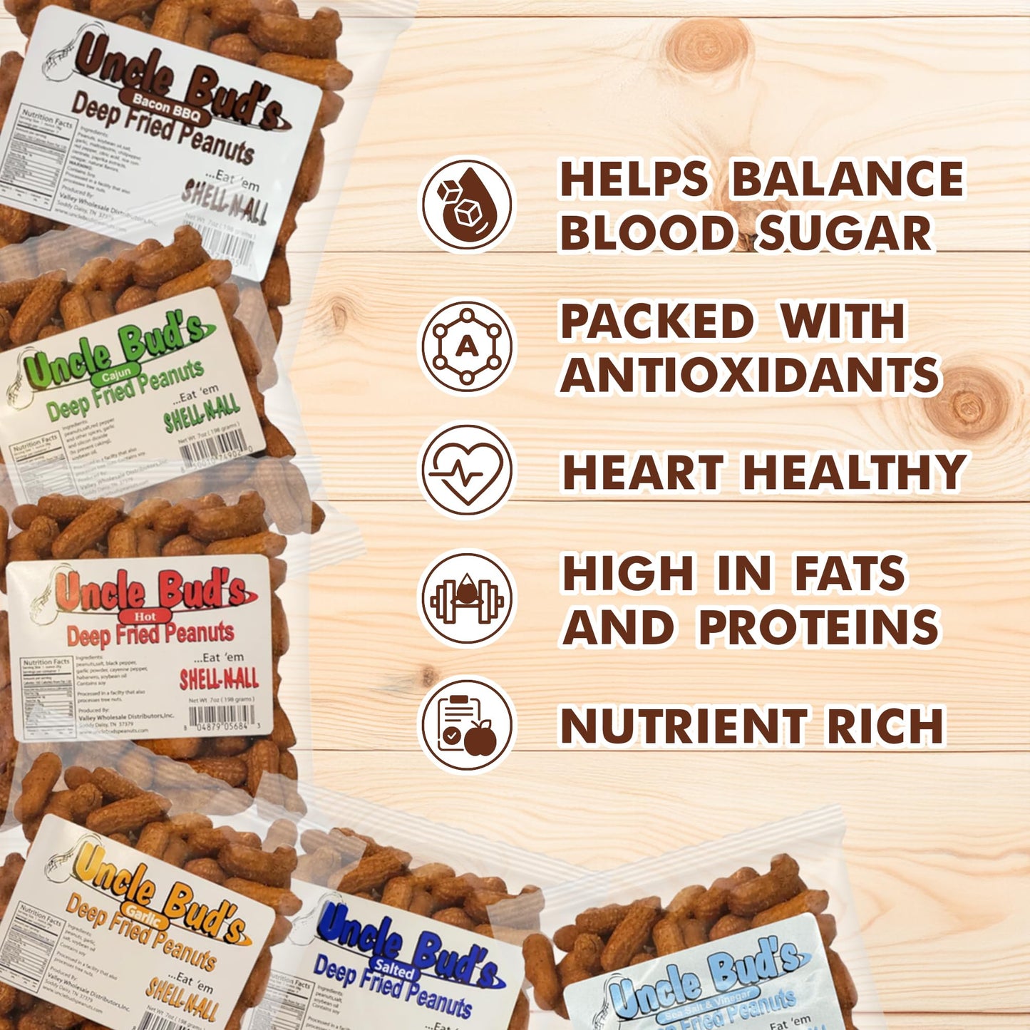 Jerky-n-Spice Uncle Buds Deep Fried Peanuts in Shell, Flavored Mixed Nuts, 42 Ounce, Includes Cajun, Salt & Vinegar, Spicy Peanuts