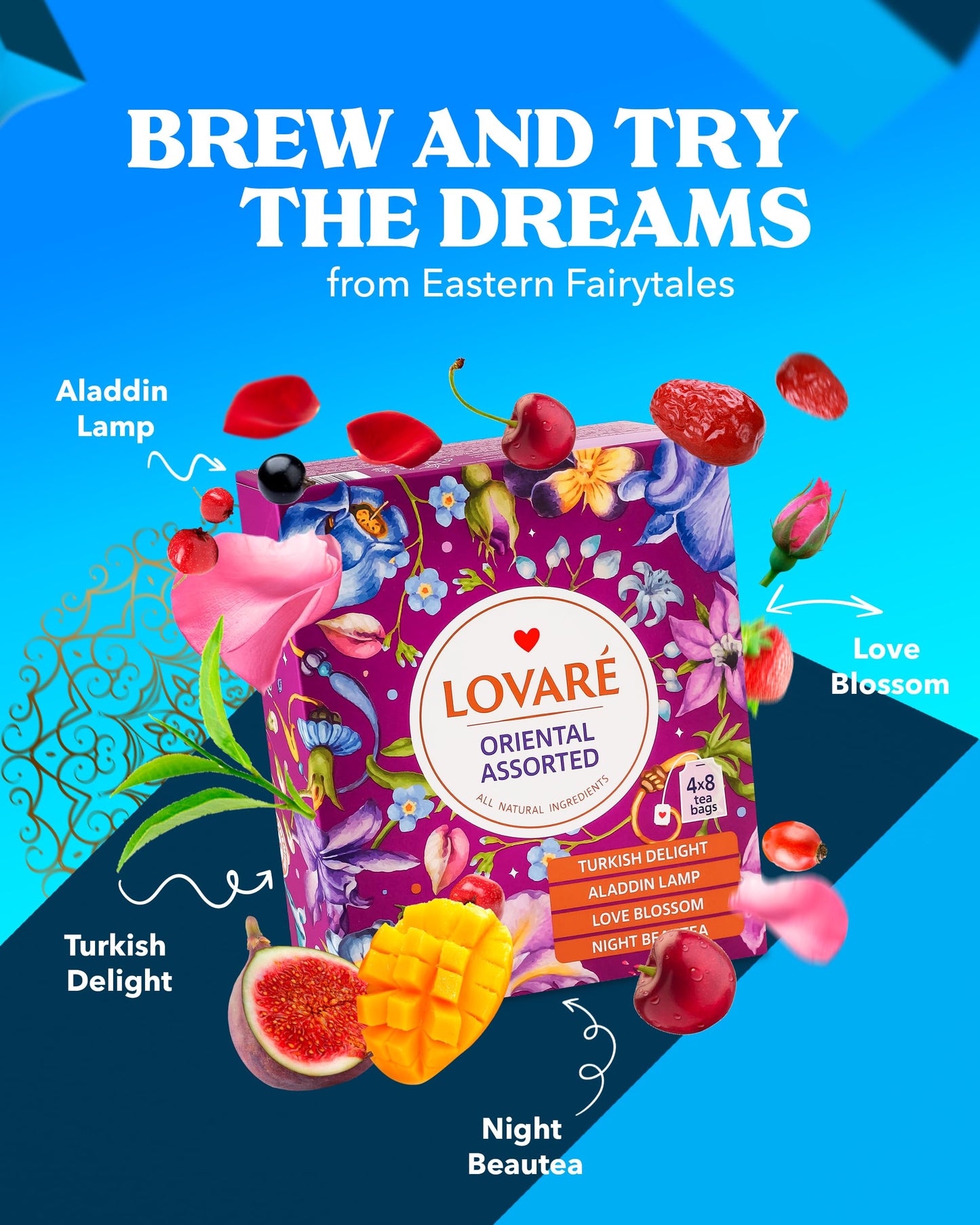 LOVARE Assorted Tea Variety Pack - 32 Individually Wrapped Tea Bags - Flavors: Turkish Delight, Aladdin Lamp, Love Blossom, Night Beautea
