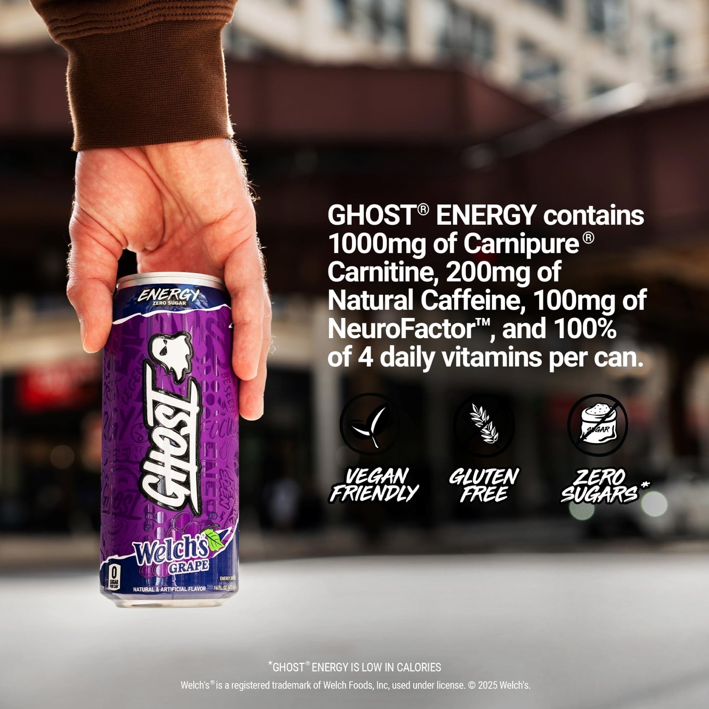 GHOST Energy Drink - 12-Pack, Welchs G , 16oz Cans, Vegan, Gluten-Free, 200mg Caffeine, L-Carnitine & Taurine