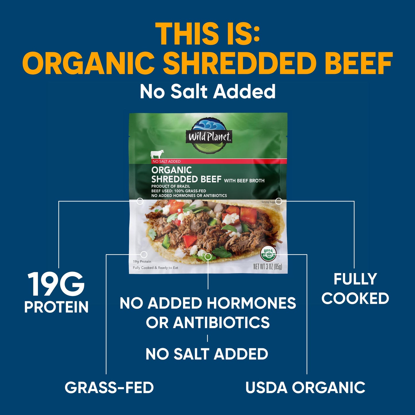 Wild Planet Usda Organic Shredded Beef With Beef Broth, No Salt Added, 3 Oz Pouch (Pack Of 24)
