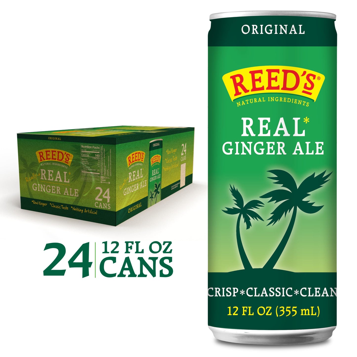 Reeds Real Ginger Ale - Pressed Organic Ginger - 12oz Slim Cans, 24 Pack