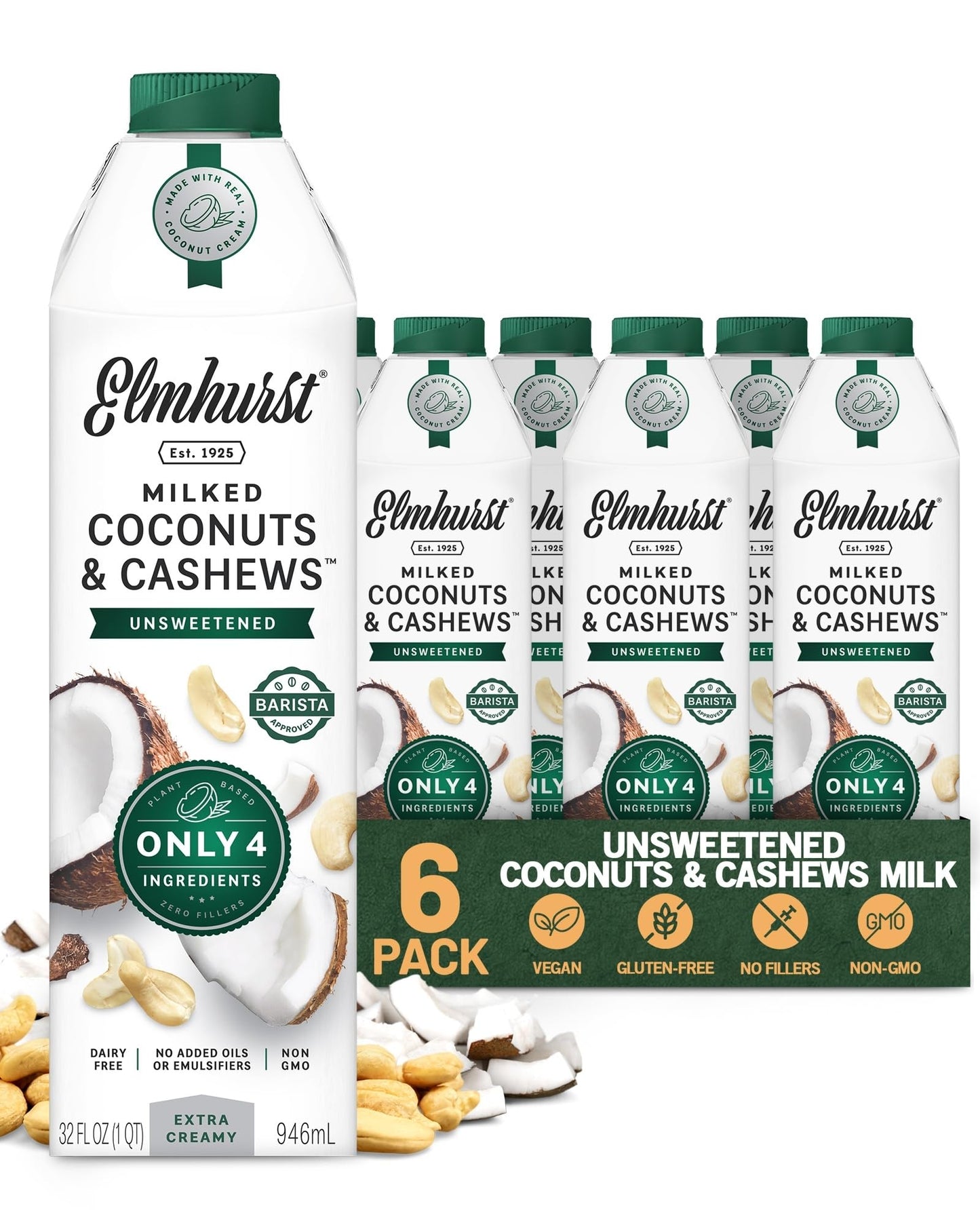 Elmhurst 1925 Unsweetened Coconut & Cashew Milk - 32 Ounce (Pack of 6) Dairy-Free  Gluten-Free  Vegan  Shelf Stable Milk Made w/ Coconut Cream & Cashews for Healthier  Simpler Plant-Based Alternatives