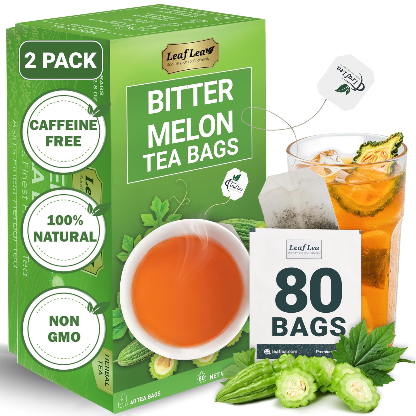LeafLea Bitter Melon Tea Bags, Caffeine-Free Herbal Fruit Tea, 80 Bags (Pack of 2)