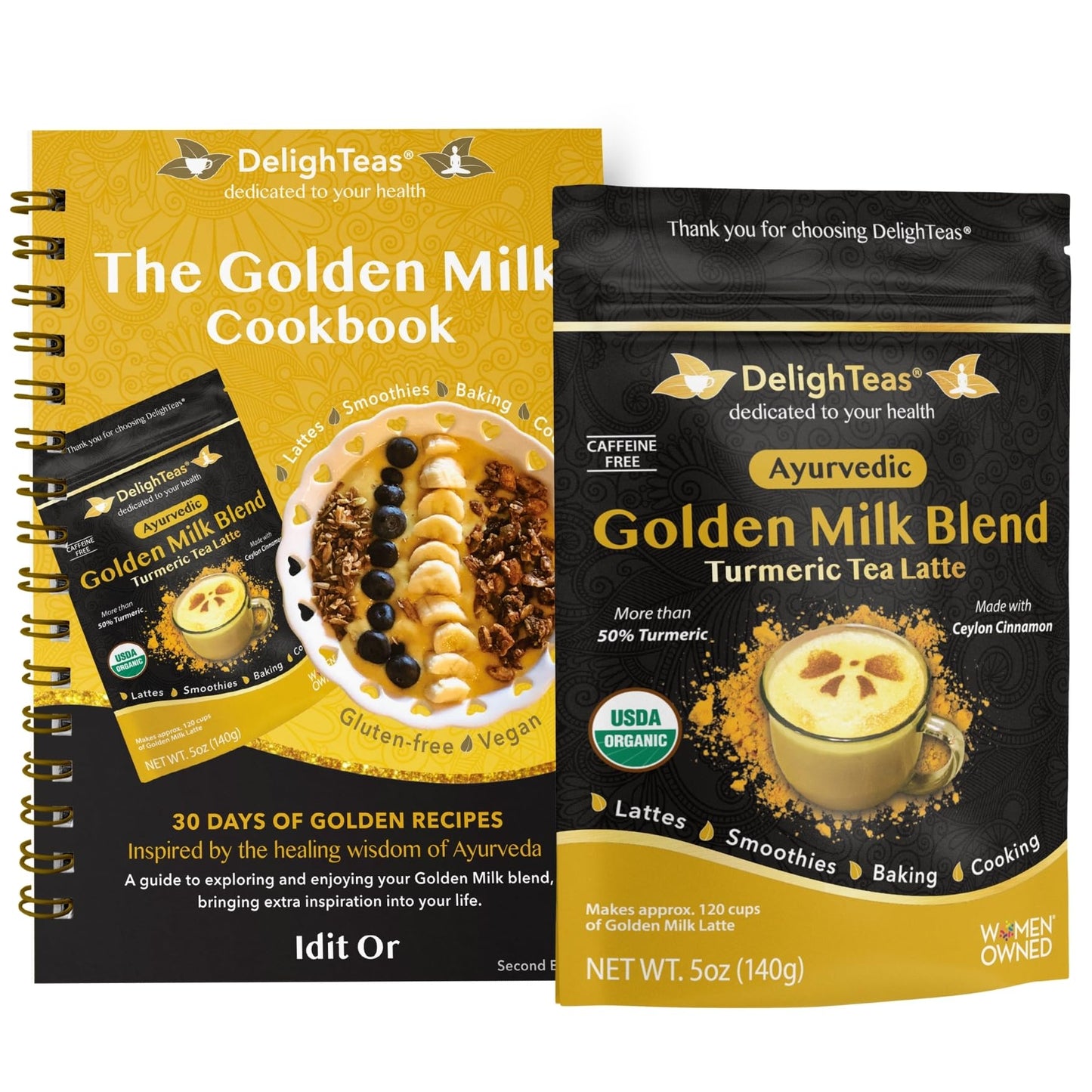 DelighTeas Organic Golden Milk Blend with Cookbook Bundle, 5 Ounce